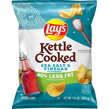 Lay'S Kettle Cooked Potato Chips, 40% Less Fat Salt & Vinegar, 1.375 Ounce (Pack Of 64)