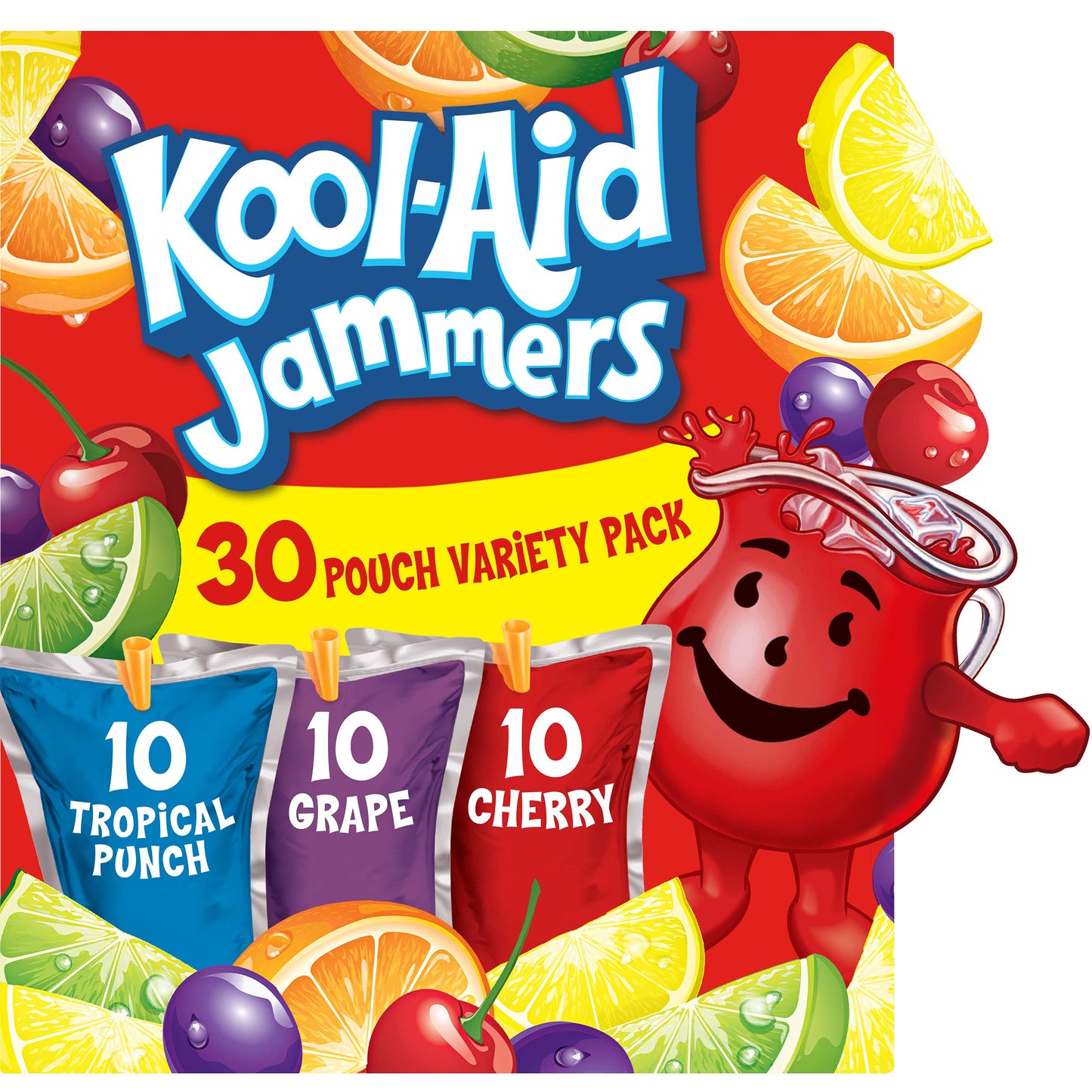 Kool-Aid Jammers Variety Pack, Tropical Punch, Grape & Cherry Flavored, 30 Pouches, 60 Fl Oz (Pack of 3)
