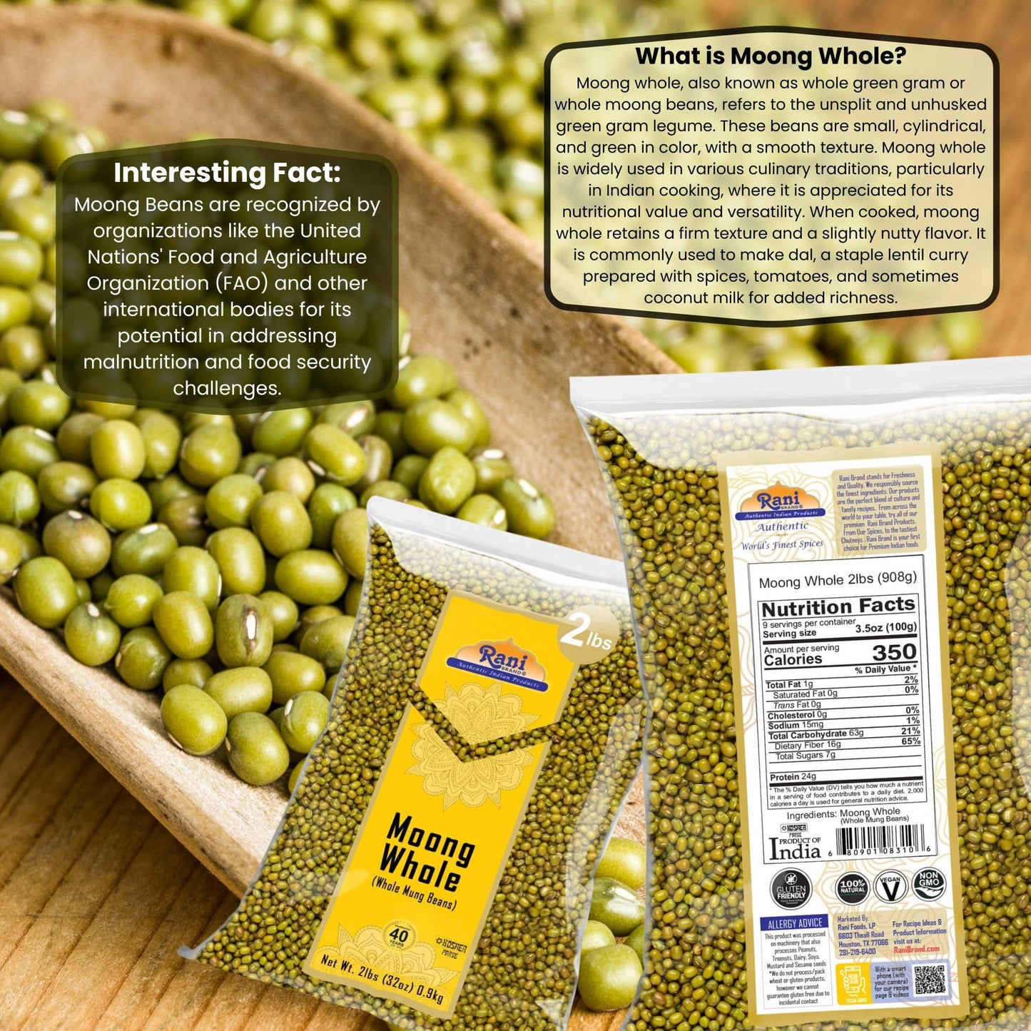 Rani Moong Whole (Ideal For Cooking & Sprouting, Whole Mung Beans With Skin) Lentils Indian 32Oz (2Lbs) 908G ~ All Natural | Gluten Friendly | Non-Gmo | Vegan | Indian Origin