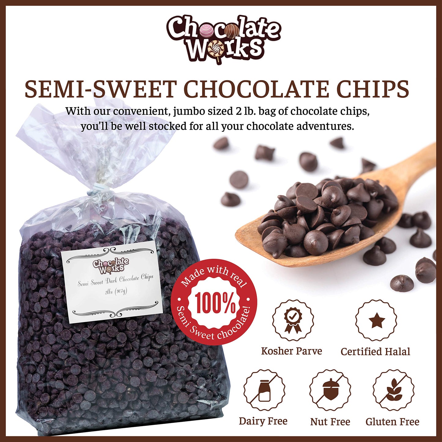 Semi-Sweet Mini Chocolate Chips By Chocolate Works | 2 Lb Jumbo Pack | Great For Baking, Melting, Cooking & More | Dairy Free |
