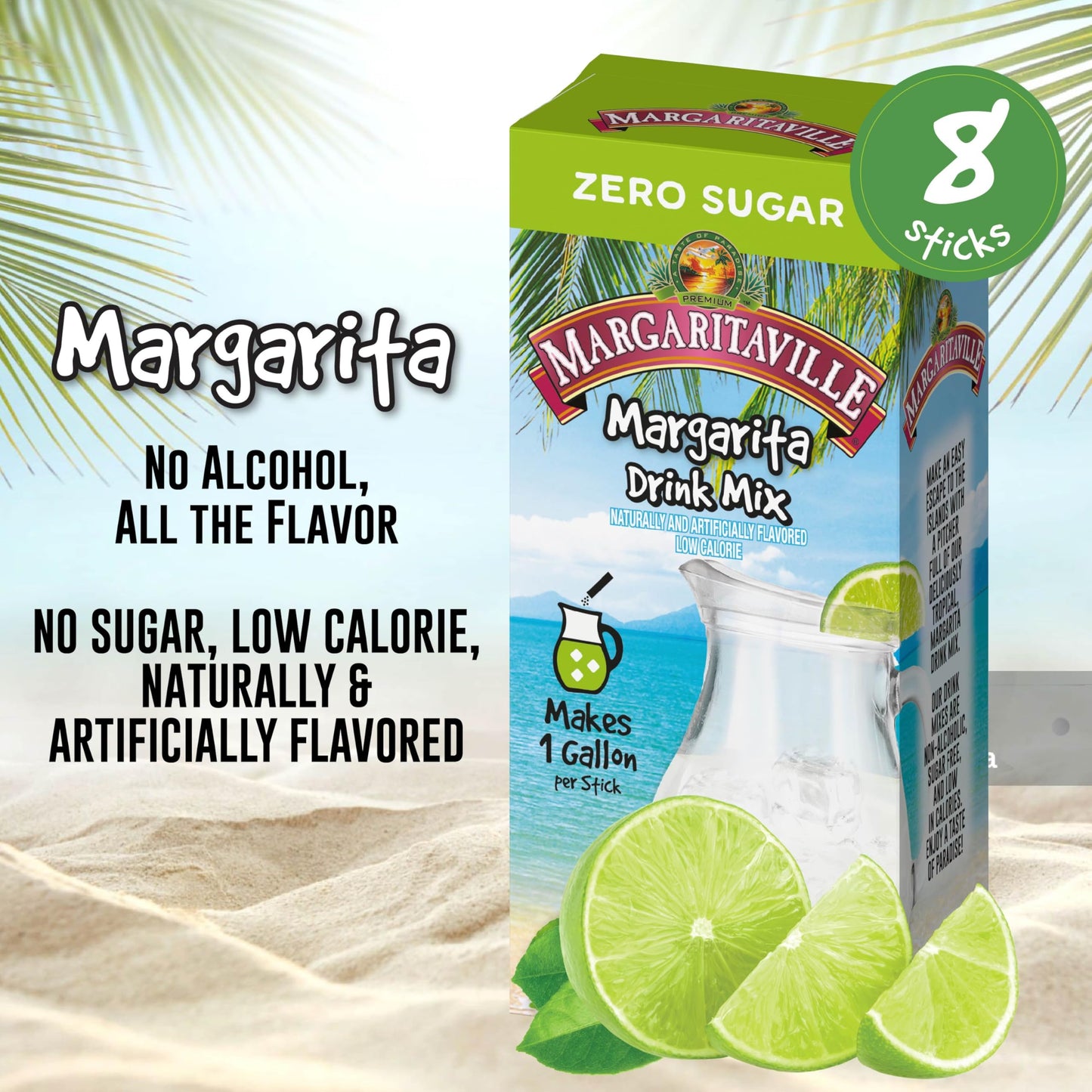 SINGLES TO GO! Powdered Drink Mix, Low Calorie, Zero Sugar, Margarita, 8-Count Box, Each Stick Makes 1 Gallon, 5.83 Ounce