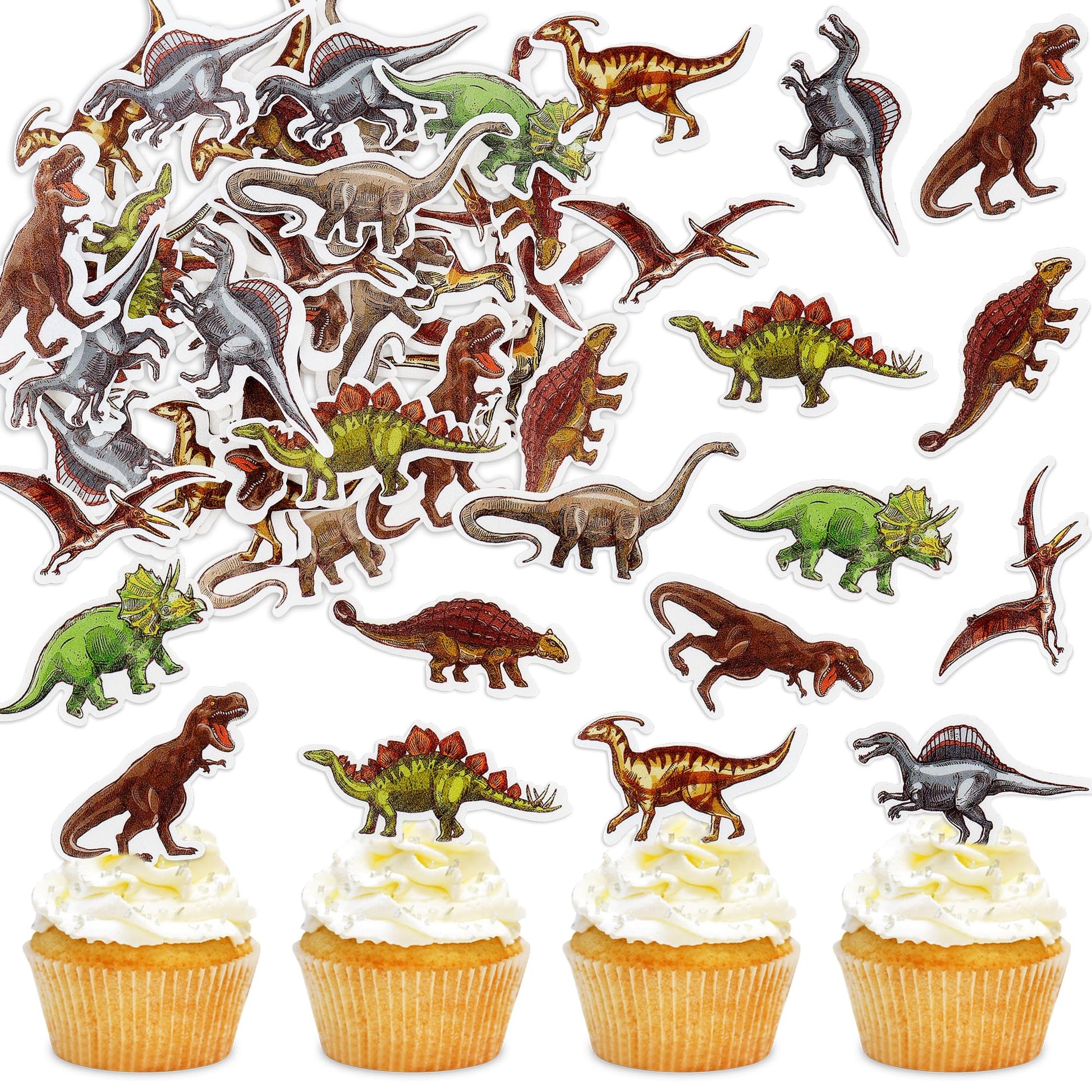 Cyodoos 45 Pcs Edible Dinosaur Cupcake Toppers Wafer Paper Dinosaur Baby Dinosaur Cupcake Dinosaur Drink Topper Childrens Birthd
