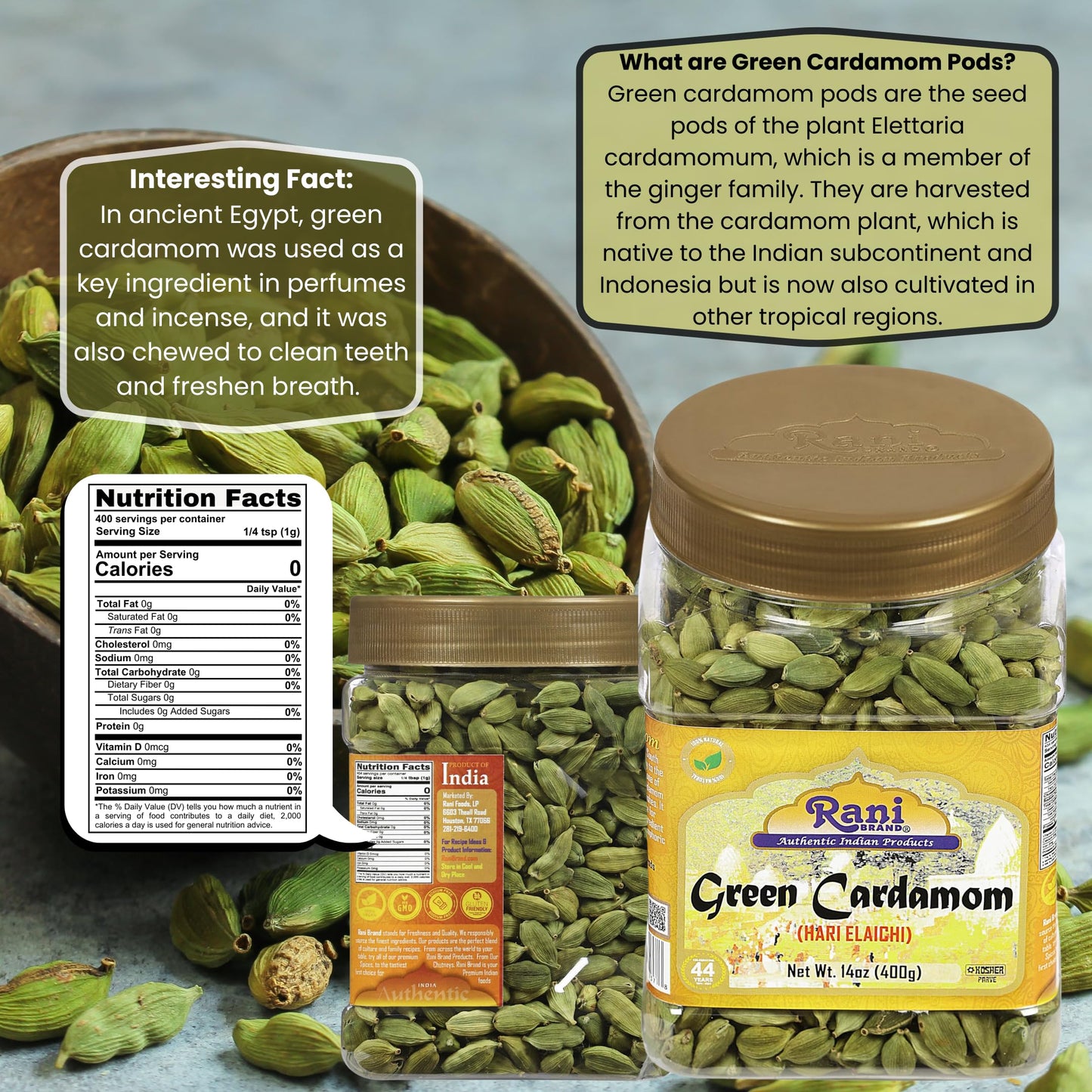 Rani Green Cardamom Pods Spice (Hari Elachi) 14Oz (400G) Pet Jar ~ All Natural | Vegan | Gluten Friendly | Non-Gmo | Product Of