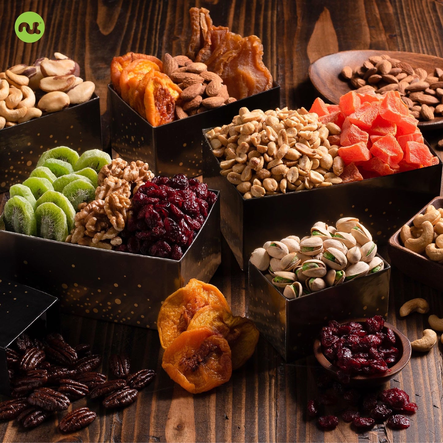 Nut Cravings Gourmet Collection - Thinking Of You, Nuts & Dried Fruits Tower Gift Basket, With Ty Ribbon + Greeting Card (12 Ass
