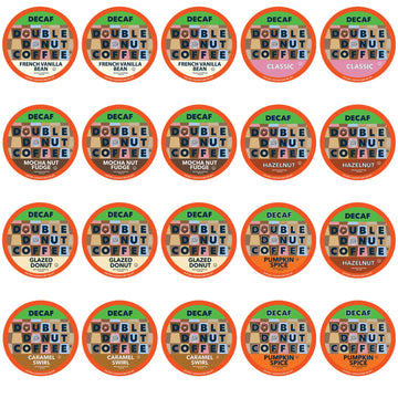 Double Donut Coffee Decaf Flavored Coffee Single Serve Cups For Keurig K Cup Brewer Variety Pack Sampler, 20Count
