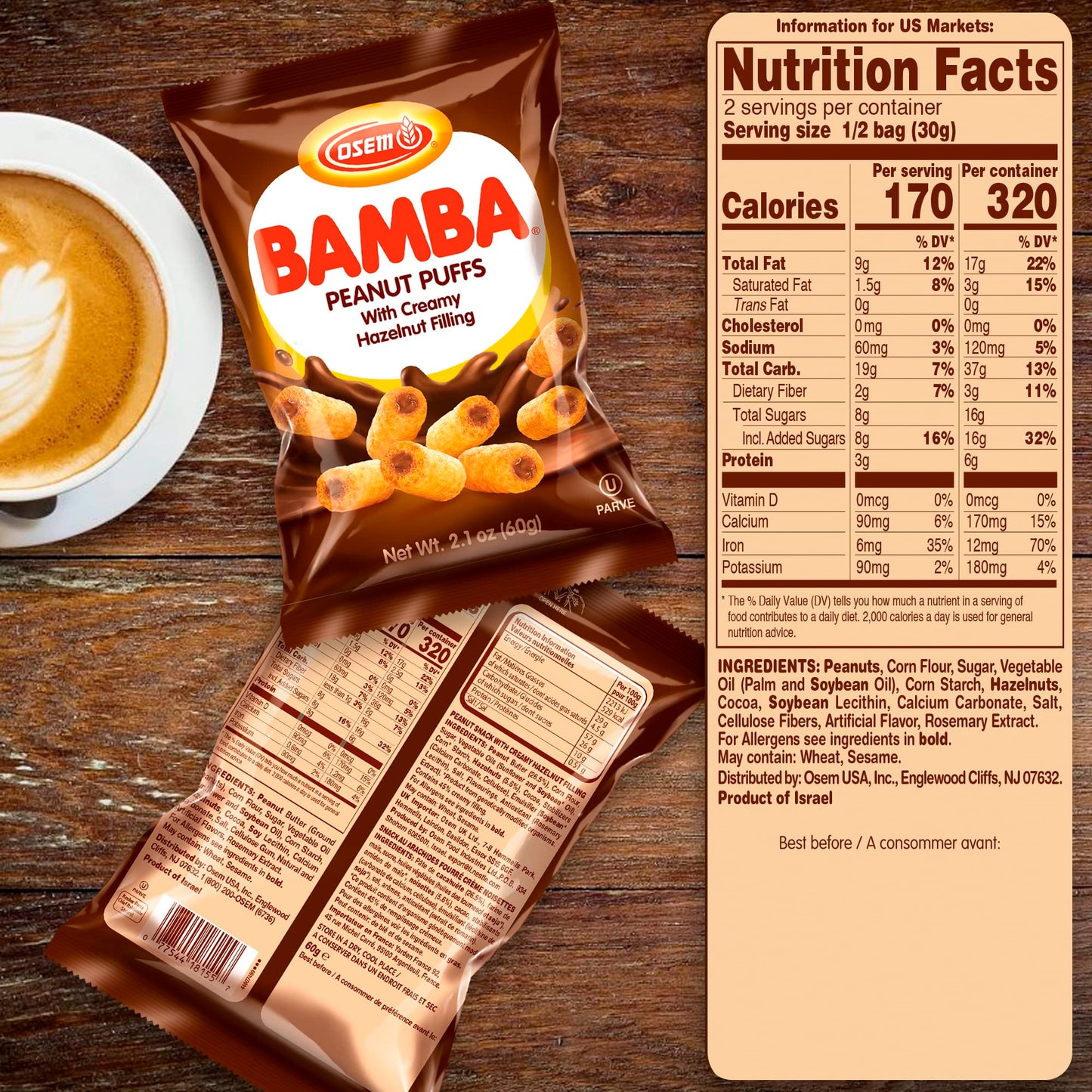 Osem Bamba Hazelnut Cream Peanut Butter Snacks, All Natural, 2.1oz Bag (Pack of 6)