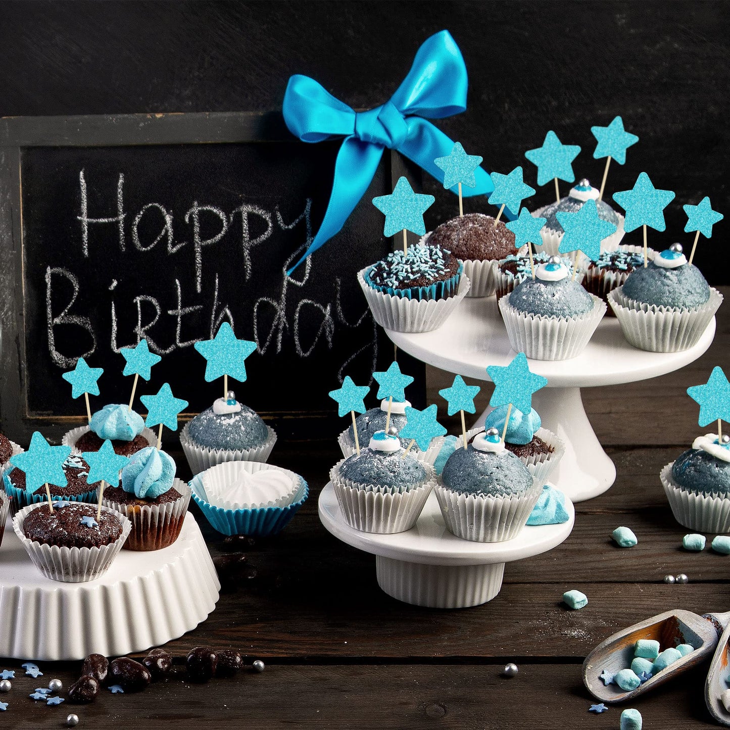 Gyufise 42Pcs Star Cupcake Toppers Blue Glitter Mixed Size Twinkle Little Star Cupcake Picks Decorations For Wedding Engagement
