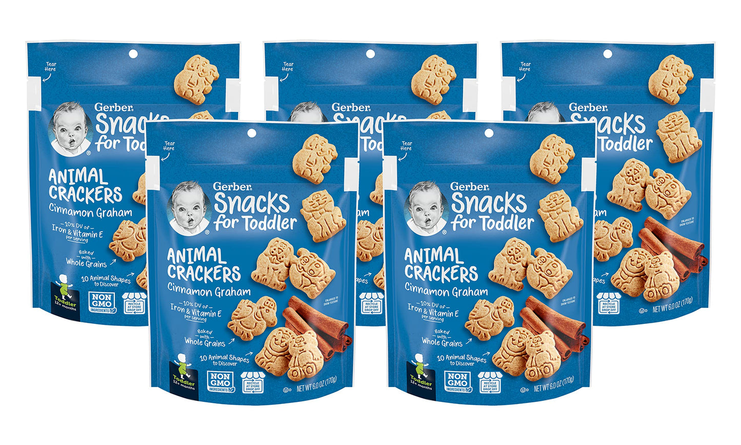 Gerber Snacks for Toddler Animal Crackers, Cinnamon Graham, Toddler Snack Baked with Whole Grains & Non-GMO Ingredients, 6 Ounce