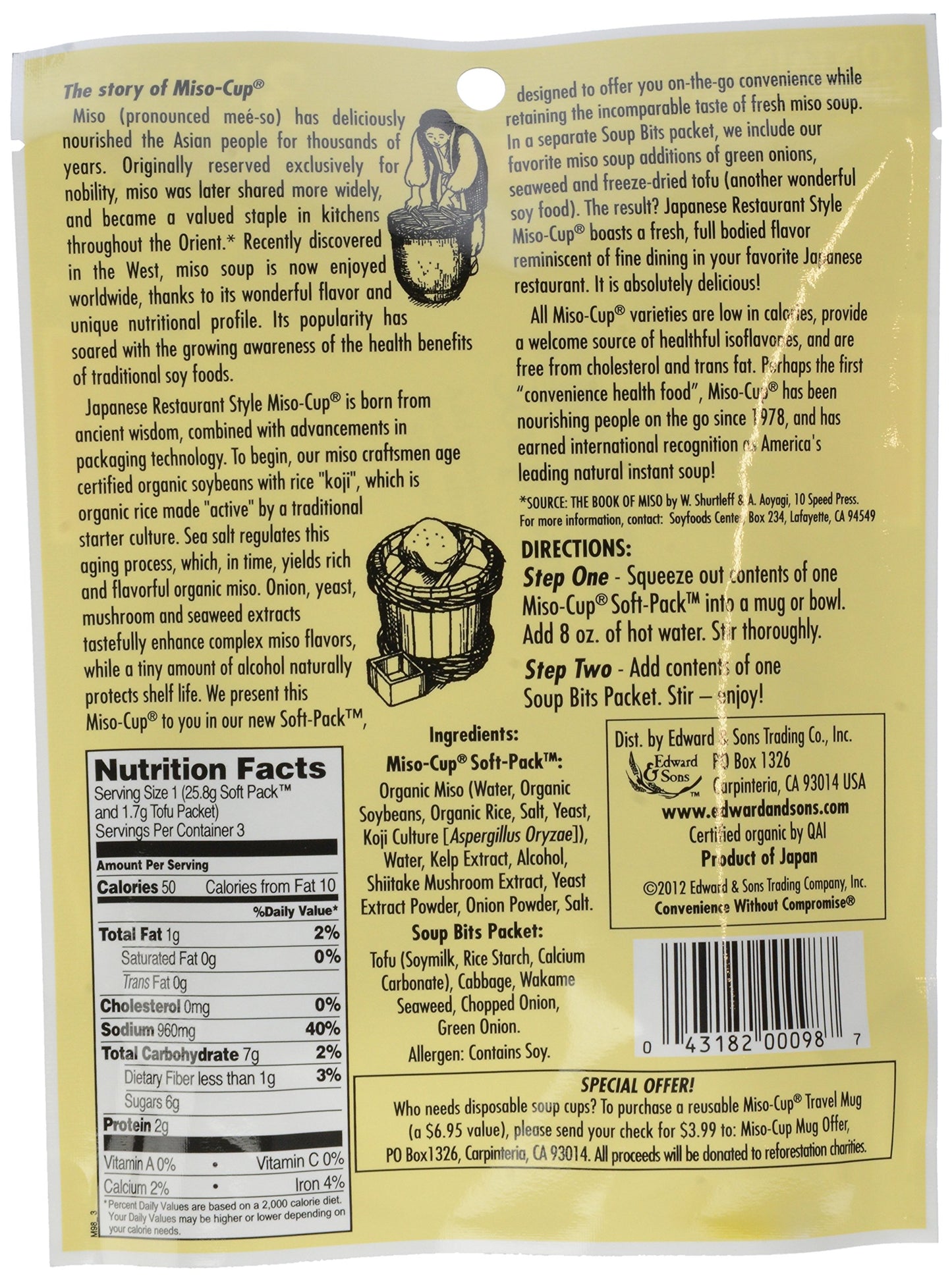 Edward & Sons Organic Japanese Restaurant Stle Miso Cup Instant Soup, 2.9 oz