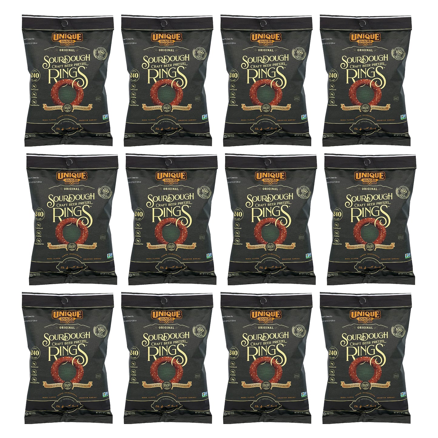Unique Snacks Sourdough Pretzel Rings, Vegan, OU Kosher, Non-GMO, 2.12 Oz Bag, Pack of 12