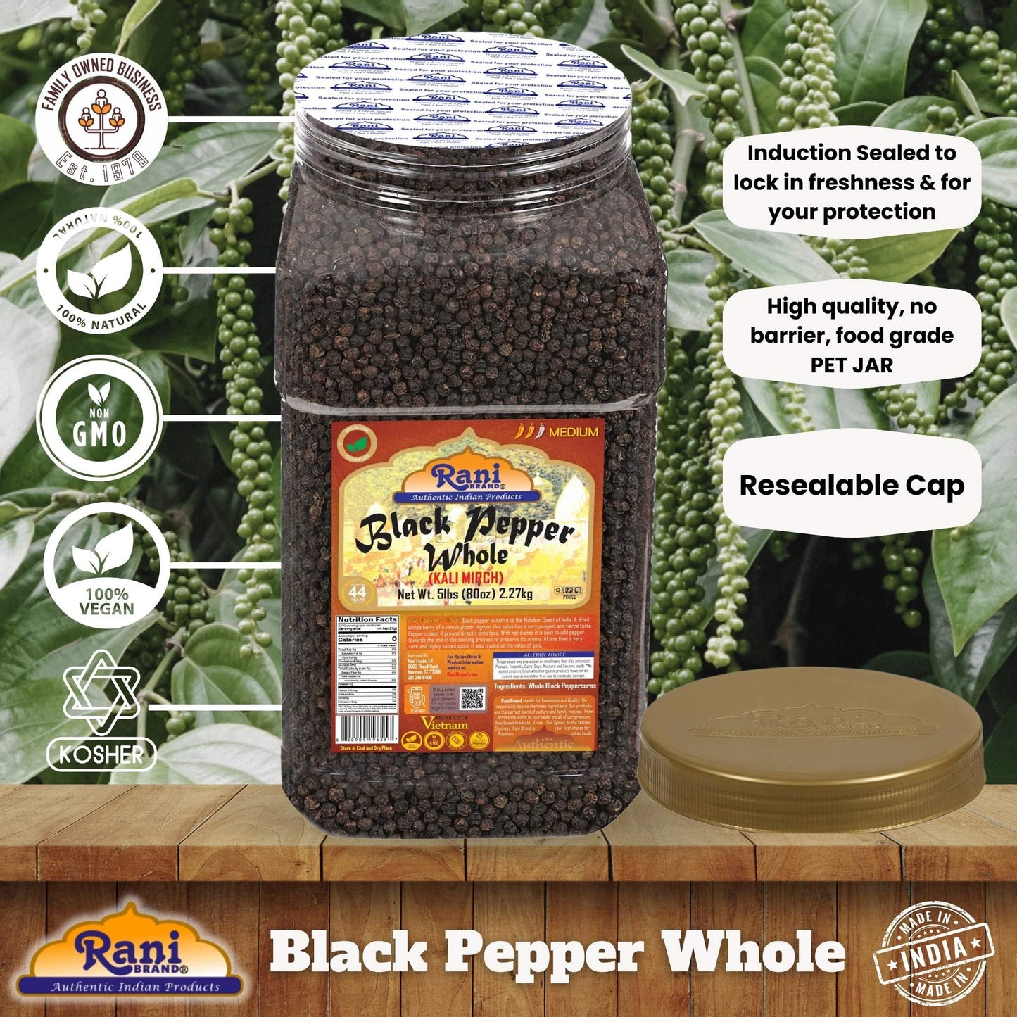 Rani Black Pepper Whole Peppercorns, Premium MG-1 Grade, 80oz (5lbs) Bulk PET Jar, Non-GMO, Kosher, Gluten Friendly, Product of Vietnam