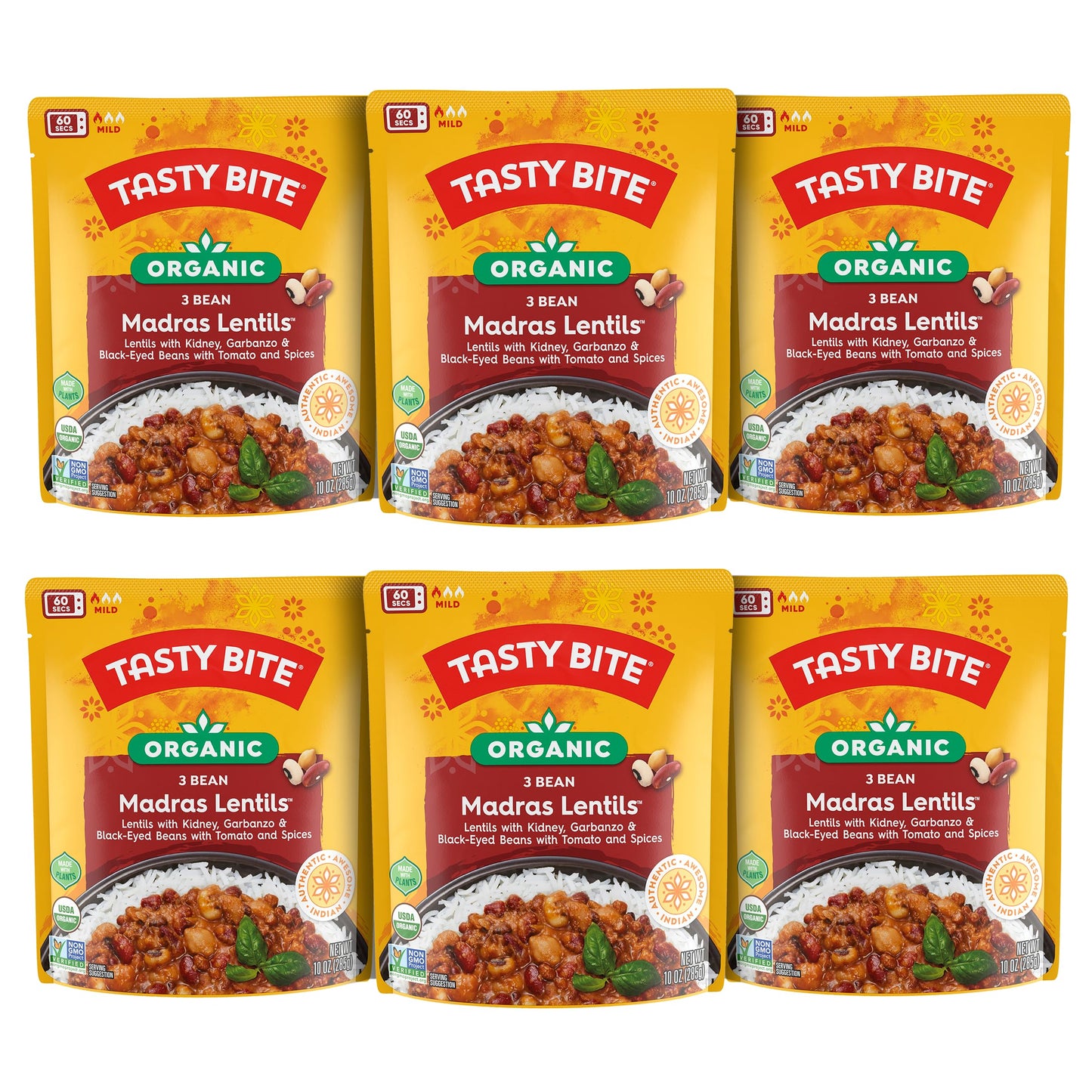Tasty Bite Organic 3 Bean Madras Lentil, Microwaveable Ready to Eat Entree, 10 Ounce (Pack of 6)
