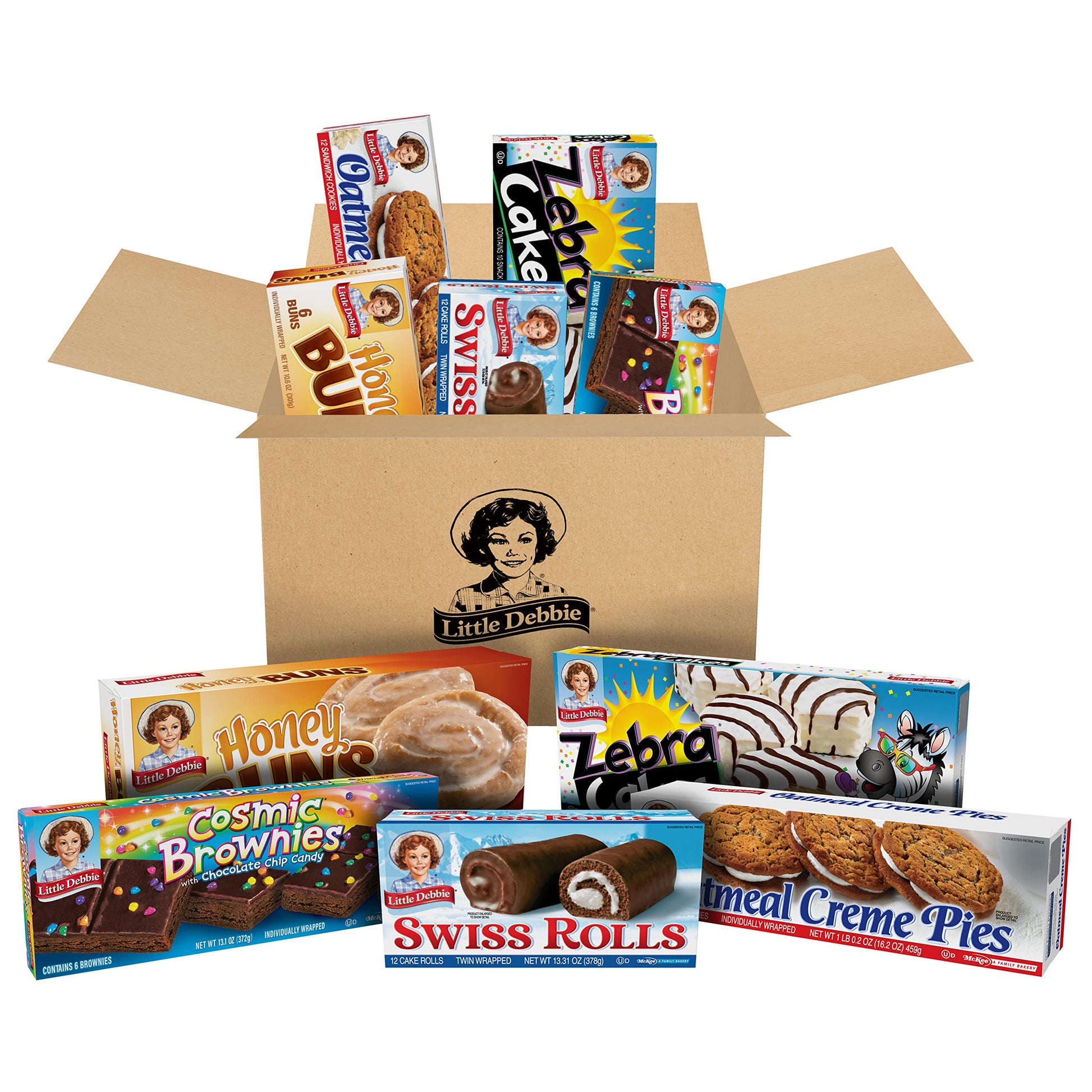Little Debbie Variety Pack, Zebra Cakes, Cosmic Brownies, Honey Buns, Oatmeal Creme Pies, And Swiss Rolls (1 Box Each), 48 Piece