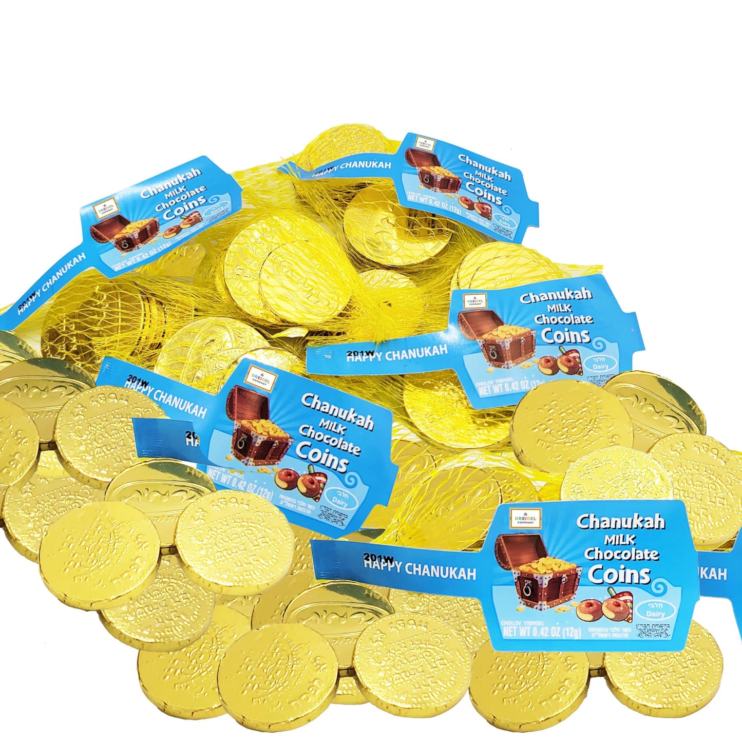 The Dreidel Company Hanukkah Chocolate Gelt, Milk Chocolate Coins, Made In Israel, Kosher Certified Cholov Yisroel Chanukah Coins Box, 0.42 Oz Each (12 Mesh Bags)