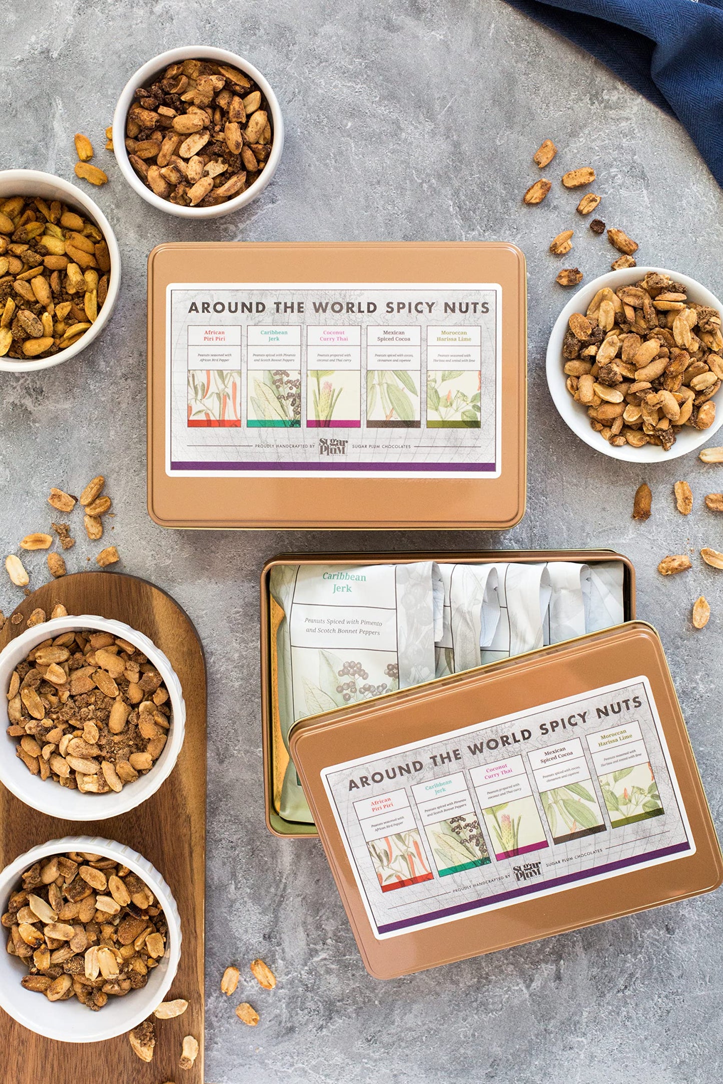 Nut Gift Basket In Unique Tin Box, Great Gift For Men, Women, Families, Spicy World Peanut Flavors From Africa, Caribbean, Thail