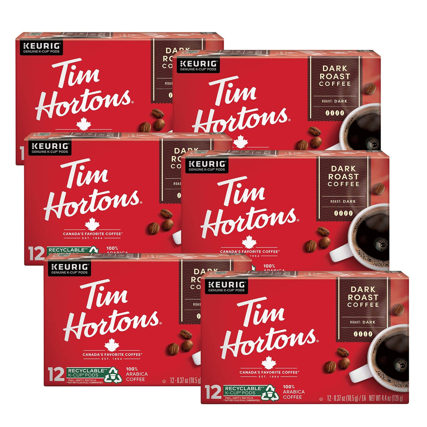 Tim Hortons Dark Roast Coffee K-Cup Pods, Compatible with Keurig, 72ct, Red, 12 Count (Pack of 6)
