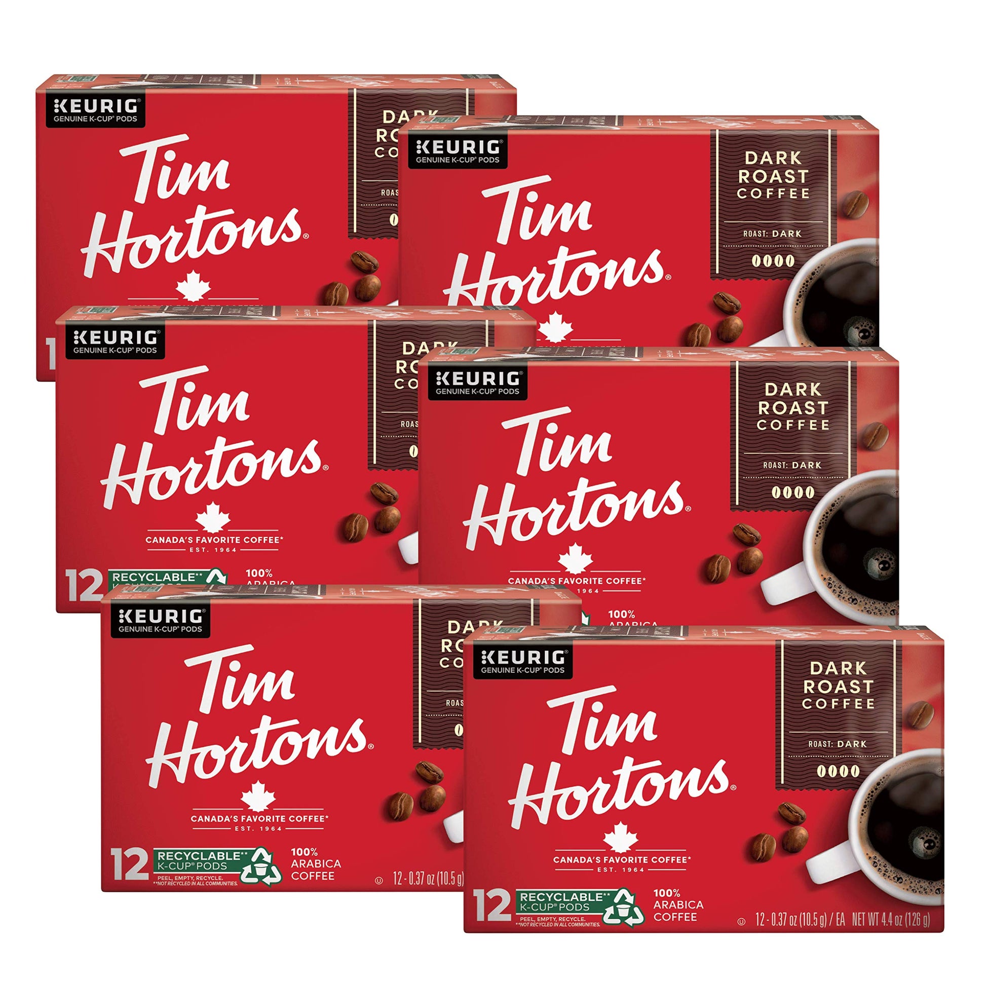 Tim Hortons Dark Roast Coffee K-Cup Pods, Compatible with Keurig, 72ct, Red, 12 Count (Pack of 6)