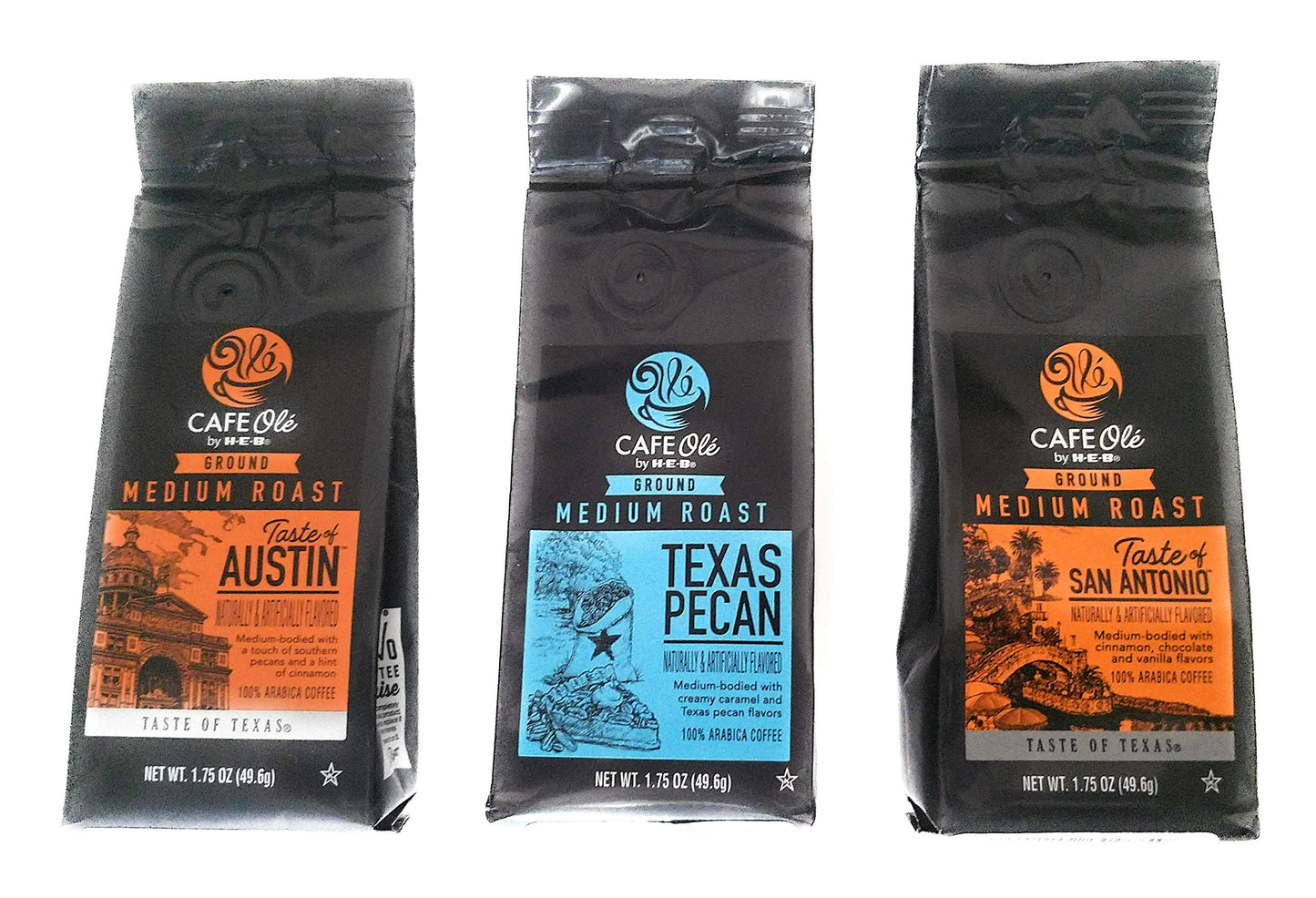 Cafe Ole Taste Of Texas Ground Coffee Sampler 3 Pack Taste Of Austin, Texas Pecan, And Taste Of San Antonio