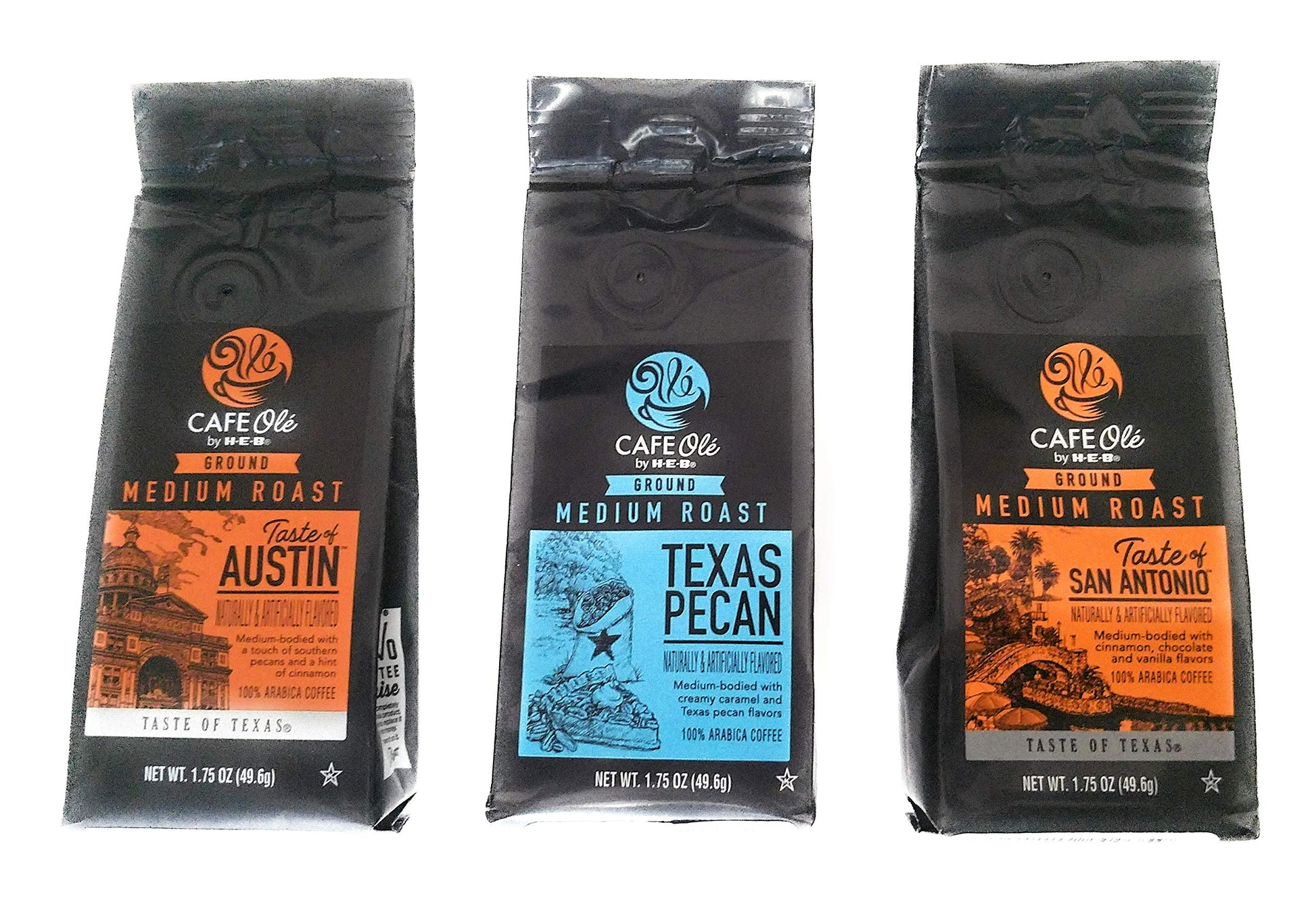 Cafe Ole Taste Of Texas Ground Coffee Sampler 3 Pack Taste Of Austin, Texas Pecan, And Taste Of San Antonio