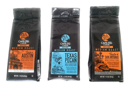 Cafe Ole Taste of Texas Ground Coffee Sampler 3 pack Taste of Austin, Texas Pecan, and Taste of San Antonio