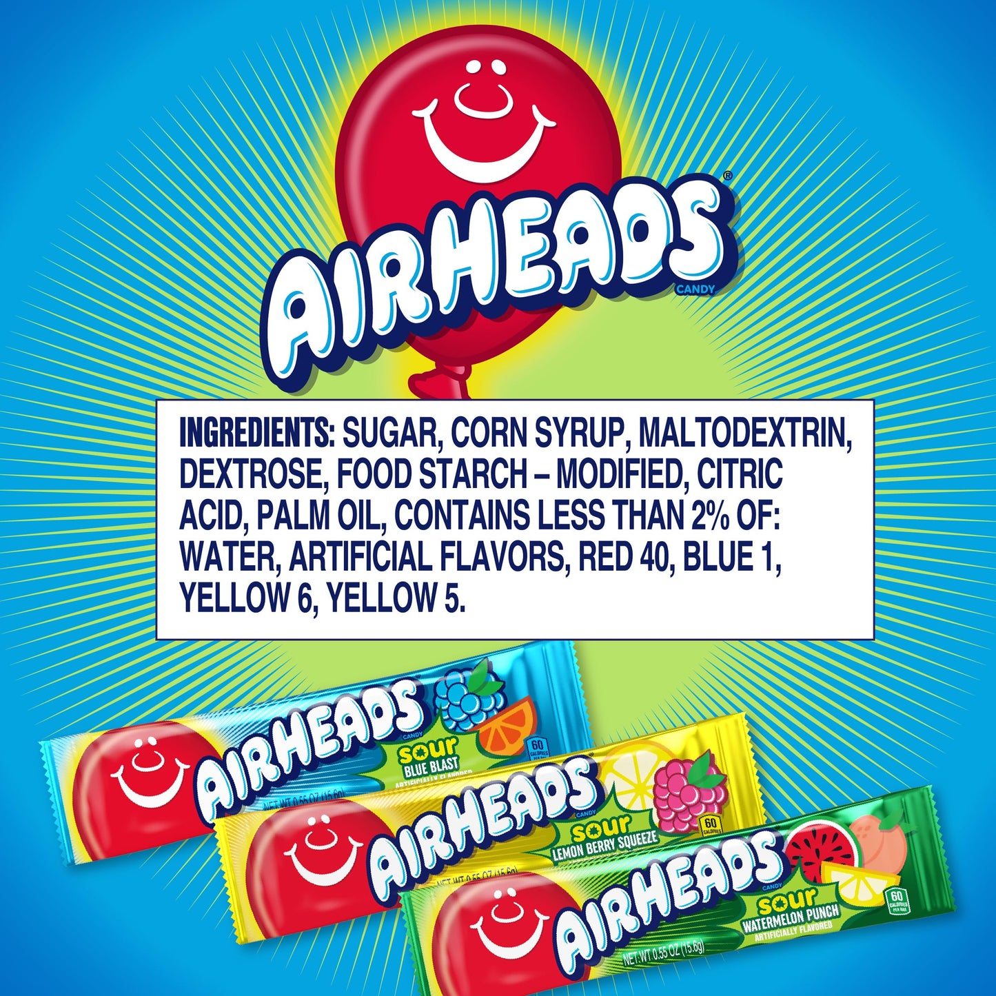 Airheads Mini Sours Candy Bars, Sour Watermelon Punch, Blue Blast, And Lemon Berry Squeeze 12Oz Variety Bag