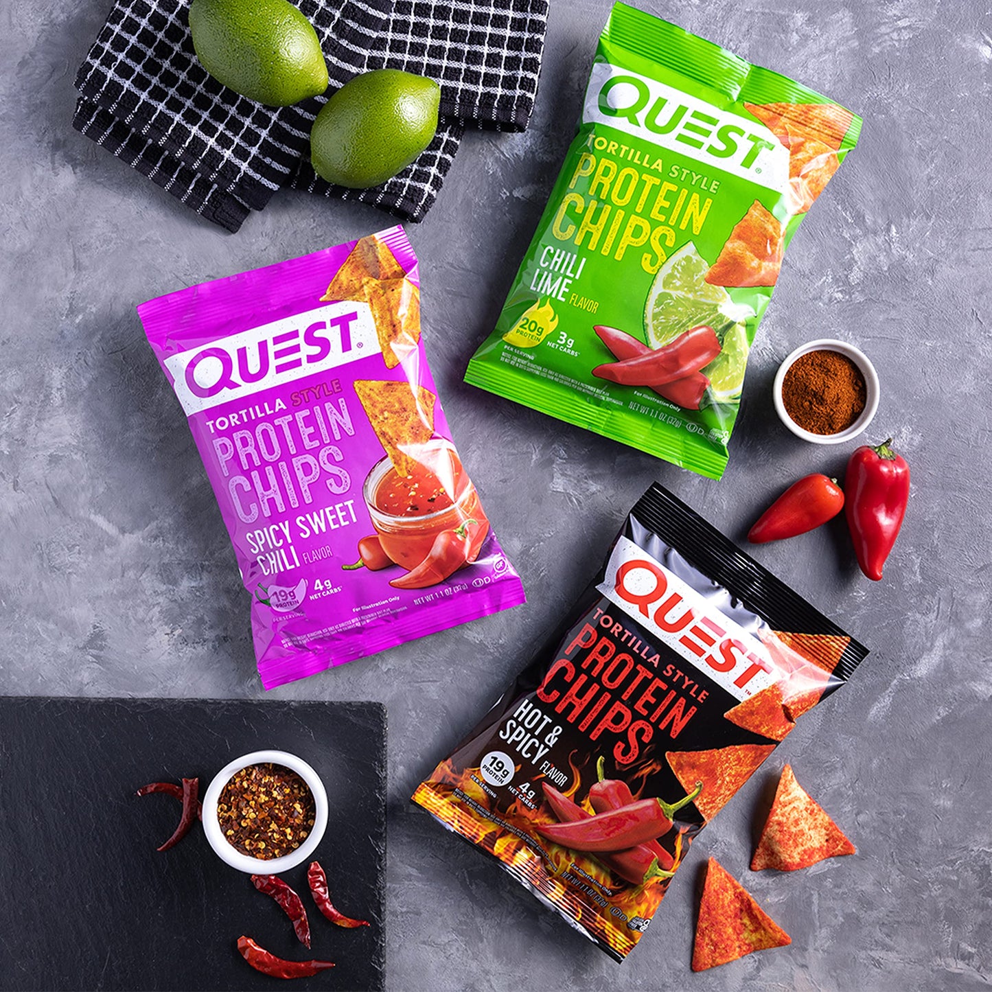 Quest Nutrition Tortilla Style Protein Chips, Spicy Variety Pack, Chili Lime, Hot & Spicy, & Spicy Sweet Chili, 12 Count (3 Each