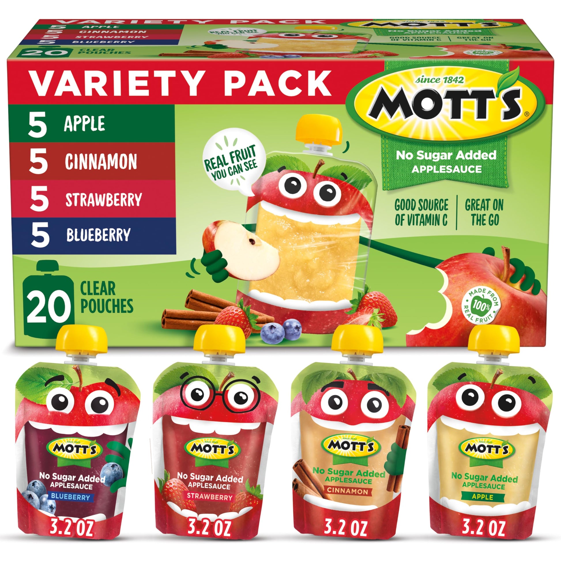 Motts No Sugar Added Applesauce Variety Pack, 20 Pouches, 3.2 oz each, Apple, Cinnamon, Strawberry & Blueberry Flavors
