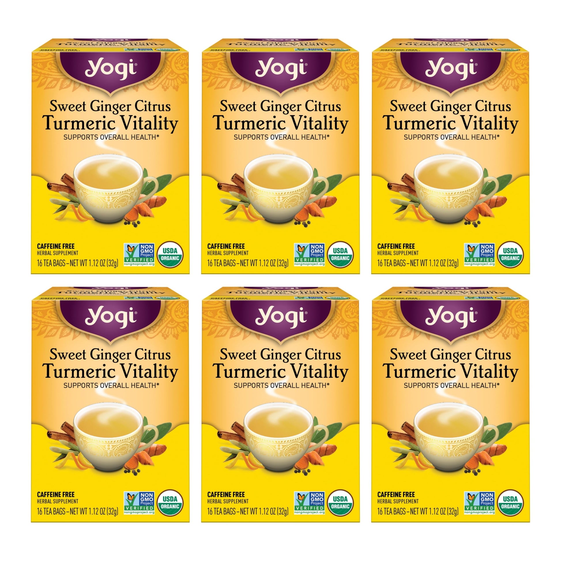Yogi Tea Sweet Ginger Citrus Turmeric Vitality Tea - 16 Tea Bags Per Pack (6 Packs) - Organic Ginger Turmeric Tea - Supports Wel