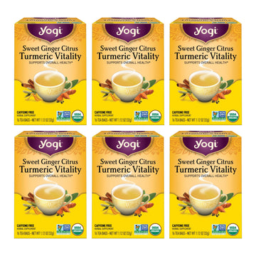 Yogi Tea Sweet Ginger Citrus Turmeric Vitality Tea - 16 Tea Bags Per Pack (6 Packs) - Organic Ginger Turmeric Tea - Supports Wel