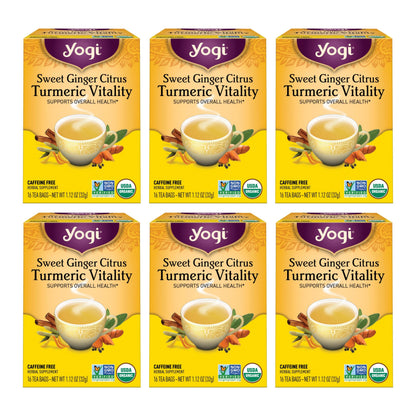 Yogi Tea Sweet Ginger Citrus Turmeric Vitality - 16 Bags per Pack (6 Packs) - Organic Ginger & Turmeric Root Tea - Supports Well