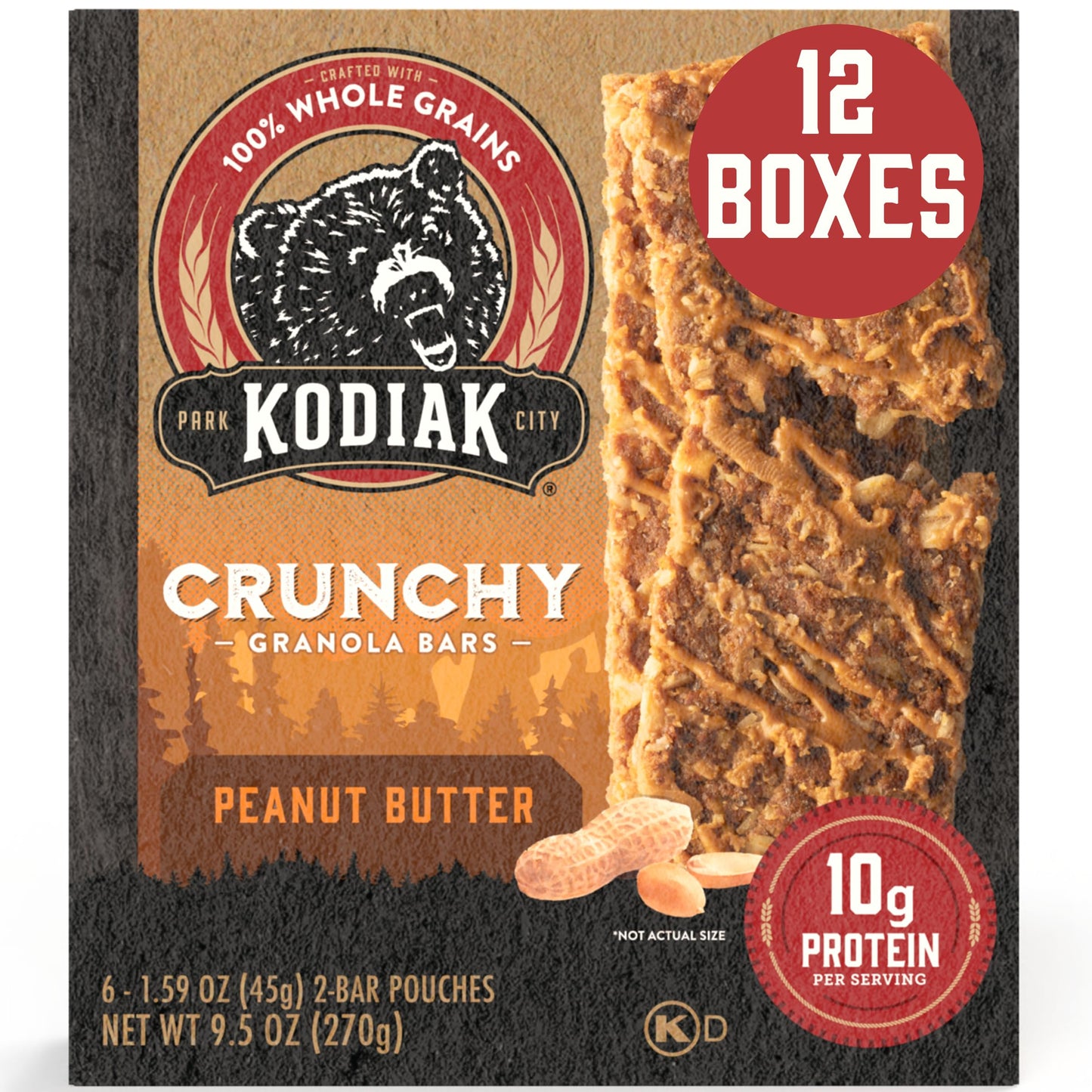Kodiak Cakes Protein Crunchy Granola Bars, Peanut Butter, Pack of 12 Boxes