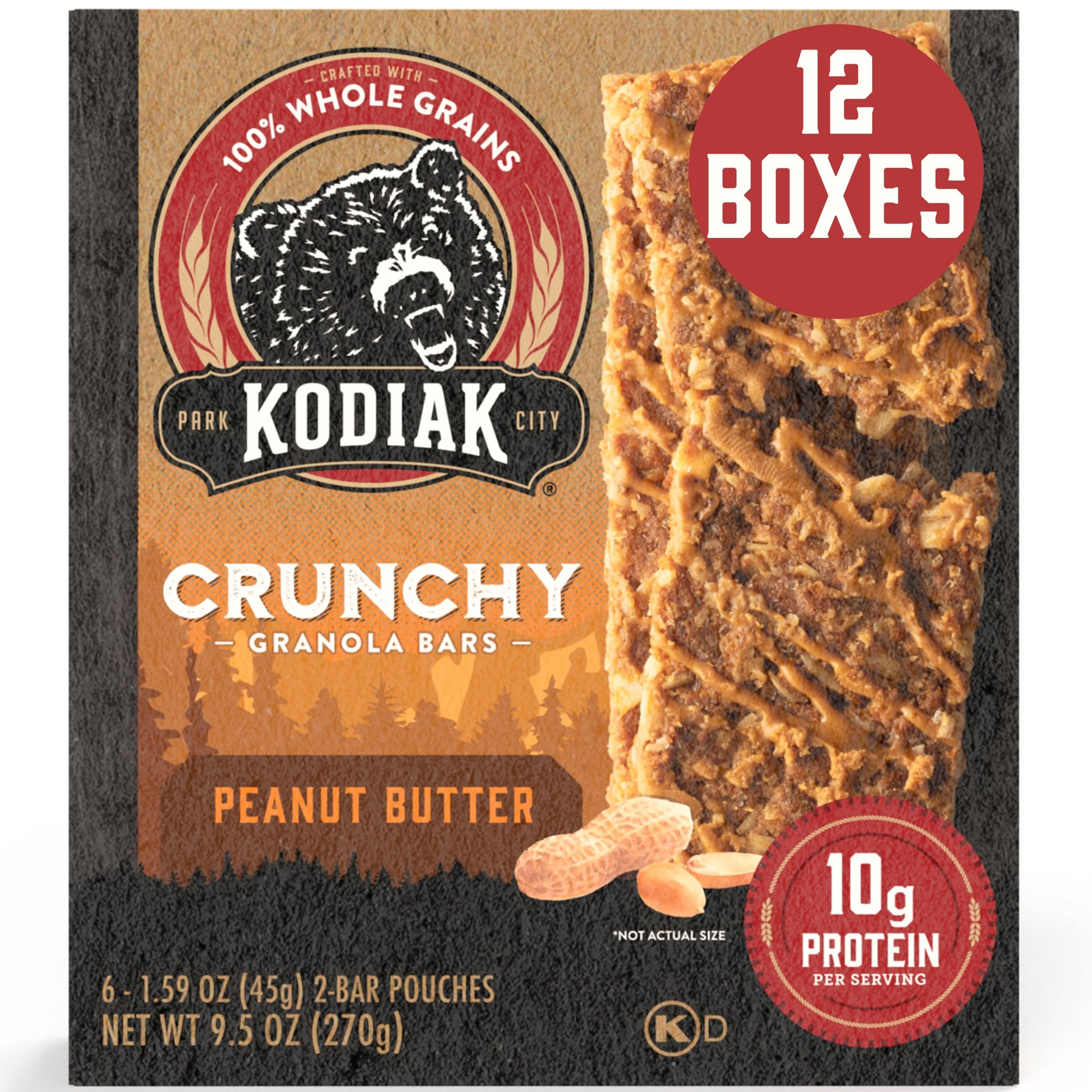 Kodiak Cakes Protein Crunchy Granola Bars, Peanut Butter, Pack of 12 Boxes