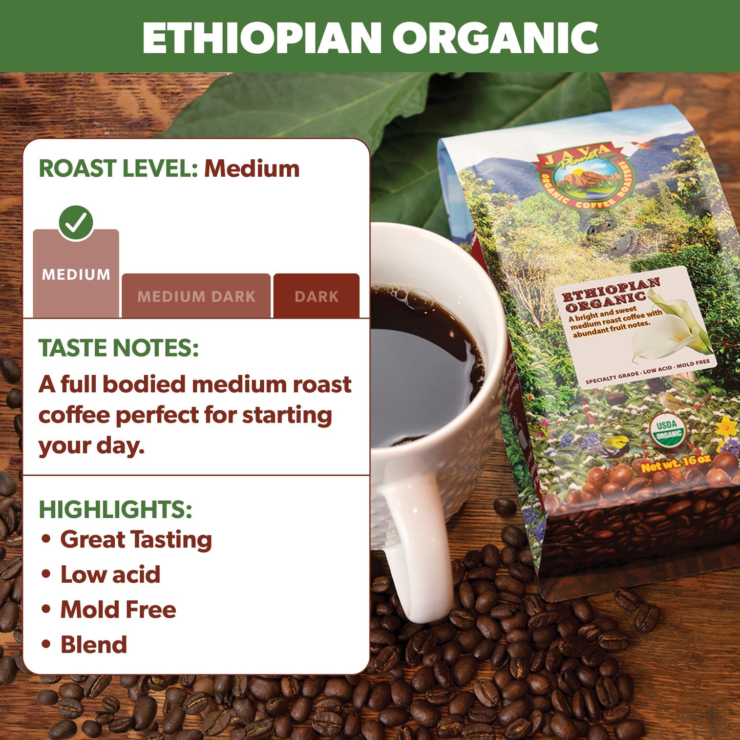 Java Planet Organic, Ethiopian Medium Roast, Low Acid, Whole Bean Coffee 5Lb Bag