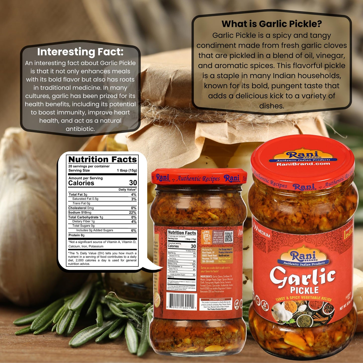 Rani Garlic Pickle, Spicy Indian Relish, Vegan, Gluten Free, 10.5oz (300g) Glass Jar