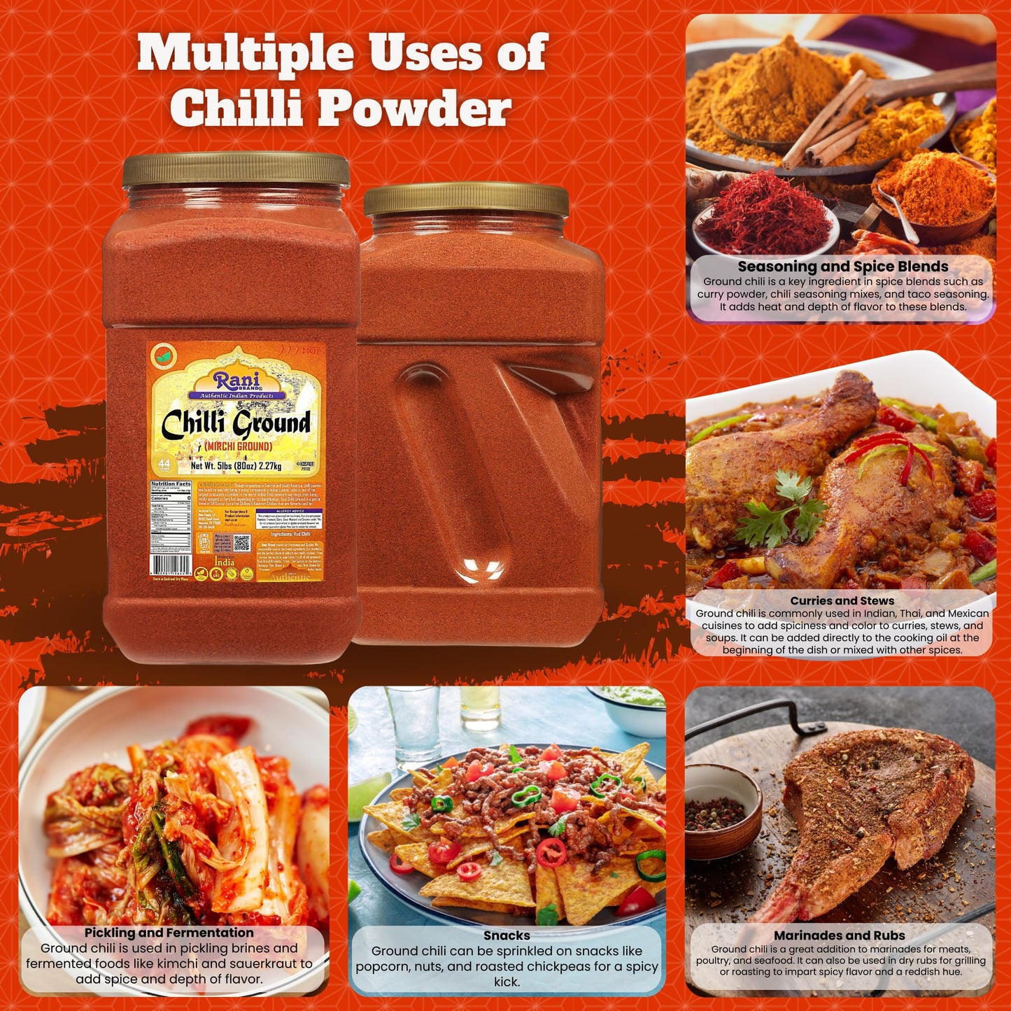 Rani Chilli Powder (Mirchi) Ground Indian Spice 80Oz (5Lbs) 2.27Kg Bulk Pet Jar ~ All Natural | Salt-Free | Vegan | No Colors |