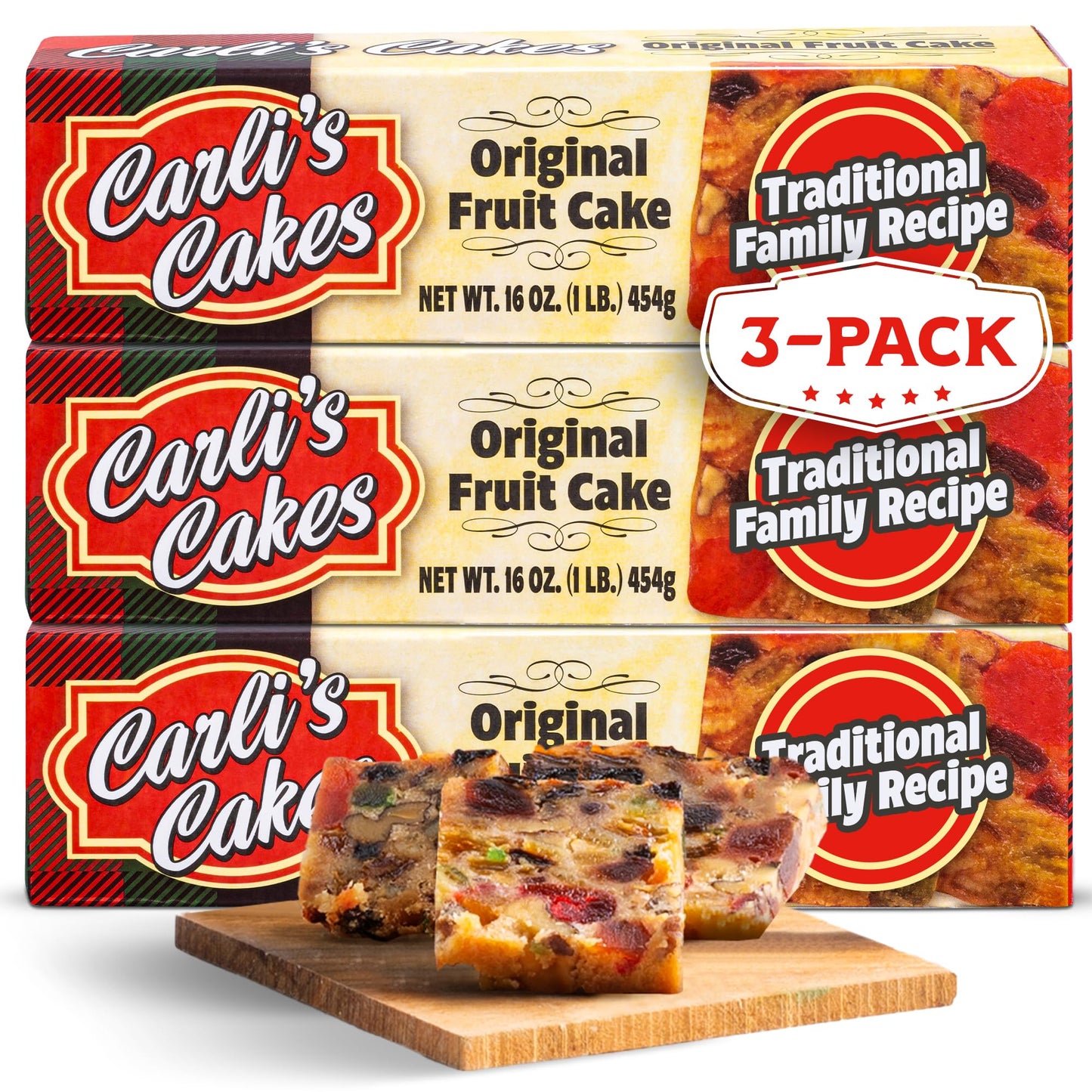 Carlis Cakes Fruitcake - Finest Fruits and Nuts - Individually Wrapped - 3-Pack of 16 Ounce Cakes