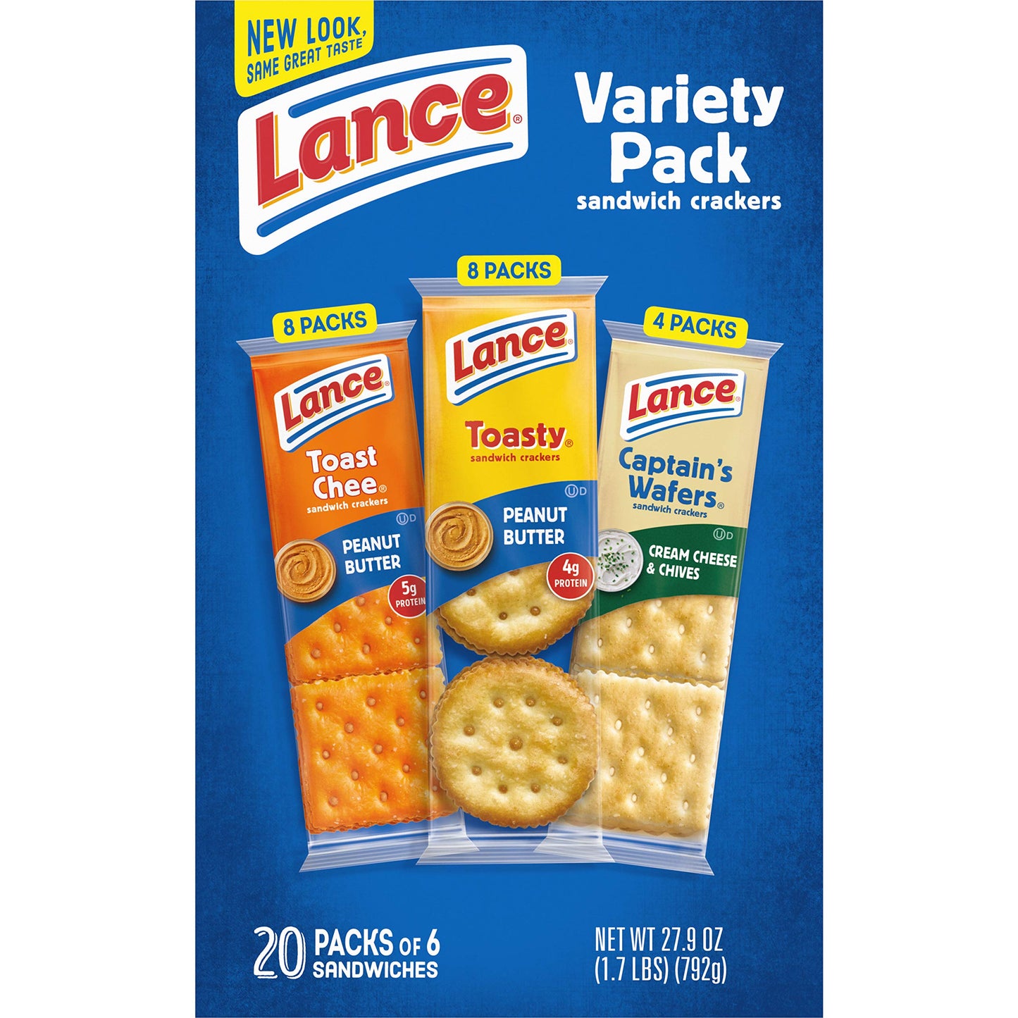 Lance Sandwich Crackers, Variety Pack, 3 Flavors, 20 Individually Wrapped Packs, 6 Sandwiches Each
