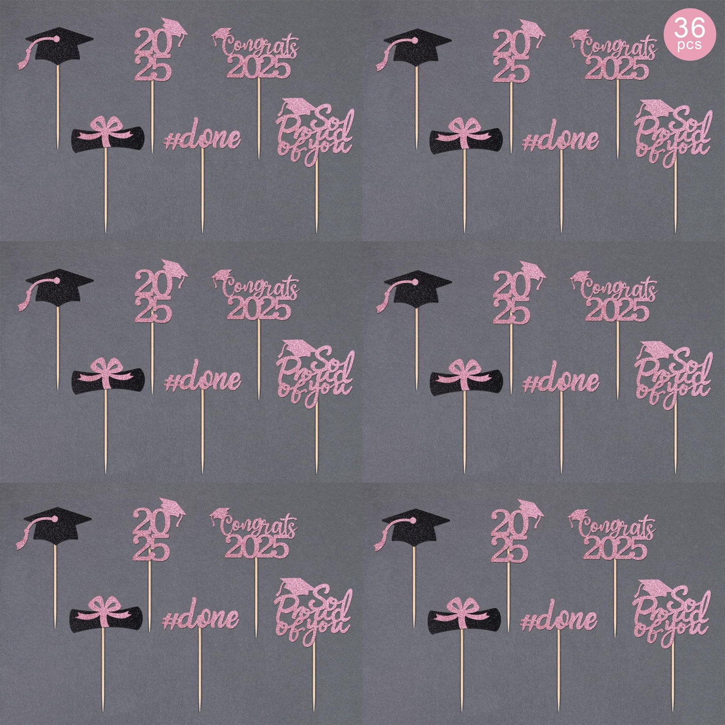 Gexolenu 36 Pcs Class Of 2025 Graduation Cupcake Toppers, Pink Glitter Double-Sided Grad Cap Cake Picks For Party Supplies, Deco