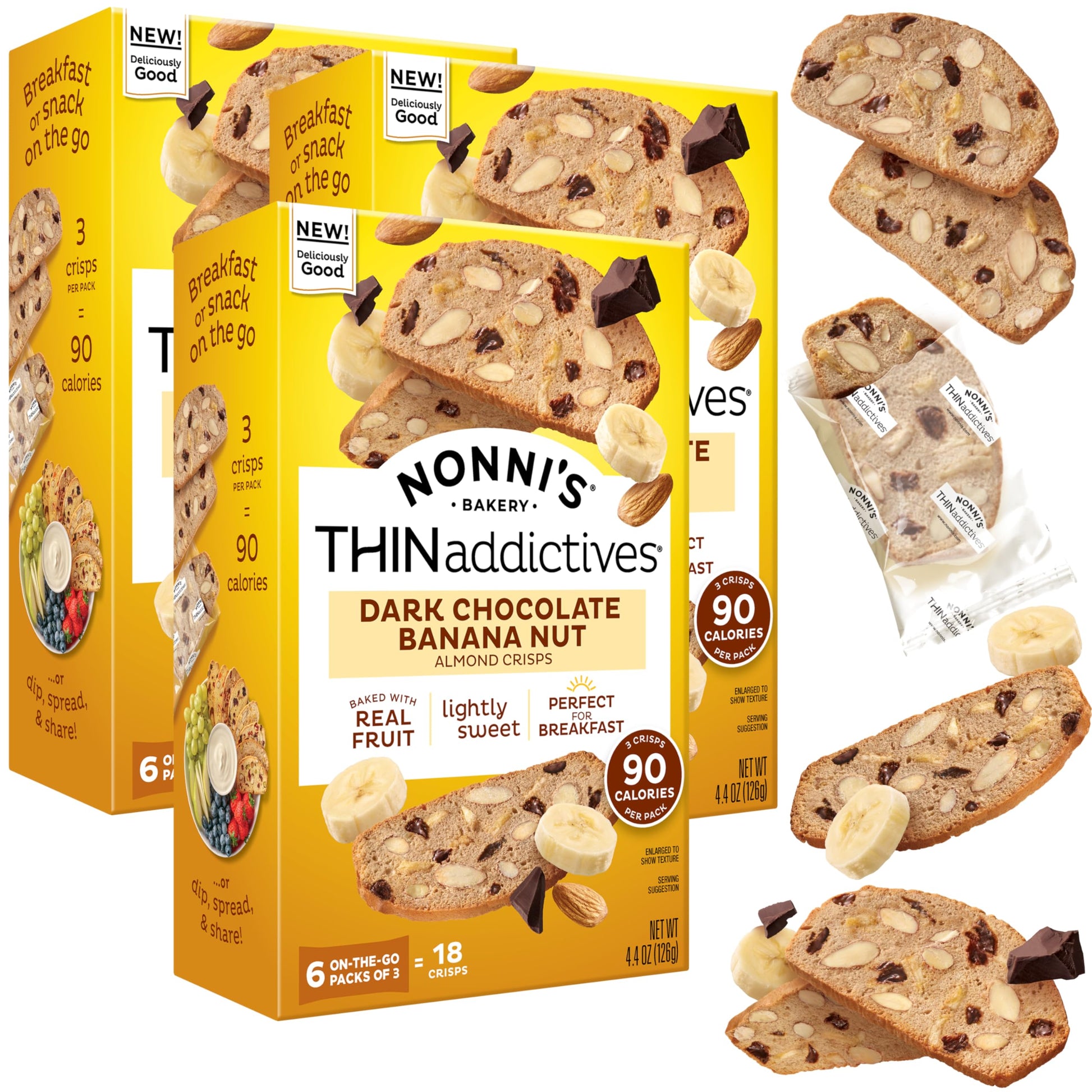 NonniS Thinaddictives Dark Chocolate Banana Nut Crisps 4.4 Oz  Lightly Sweet Almond Snack  6 On-The-Go Packs  90 Calories  3 Pack