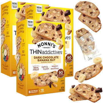 NonniS Thinaddictives Dark Chocolate Banana Nut Crisps 4.4 Oz  Lightly Sweet Almond Snack  6 On-The-Go Packs  90 Calories  3 Pack