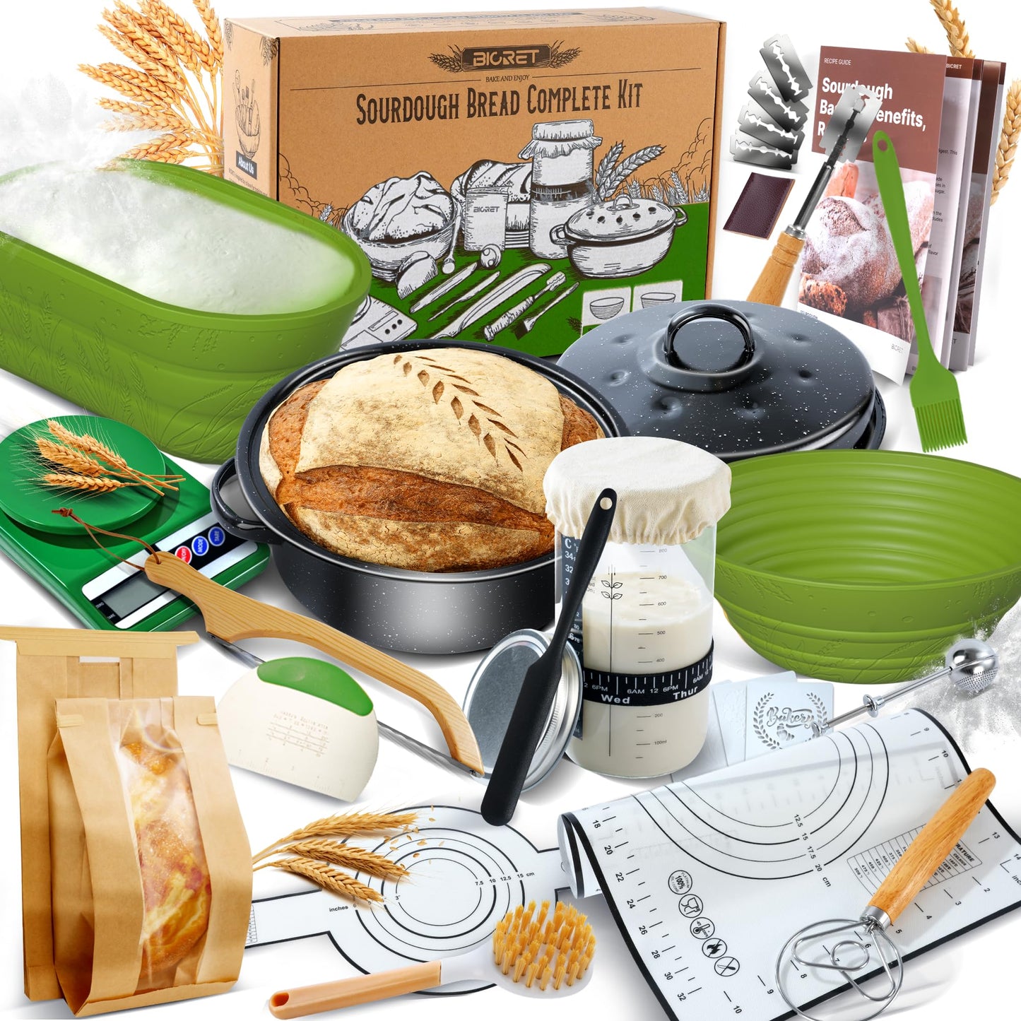 BICRET Sourdough Bread Baking Supplies Kit with 34 oz Starter, 2 Silicone Proofing Baskets, Large, Green, Model FJKIT-2
