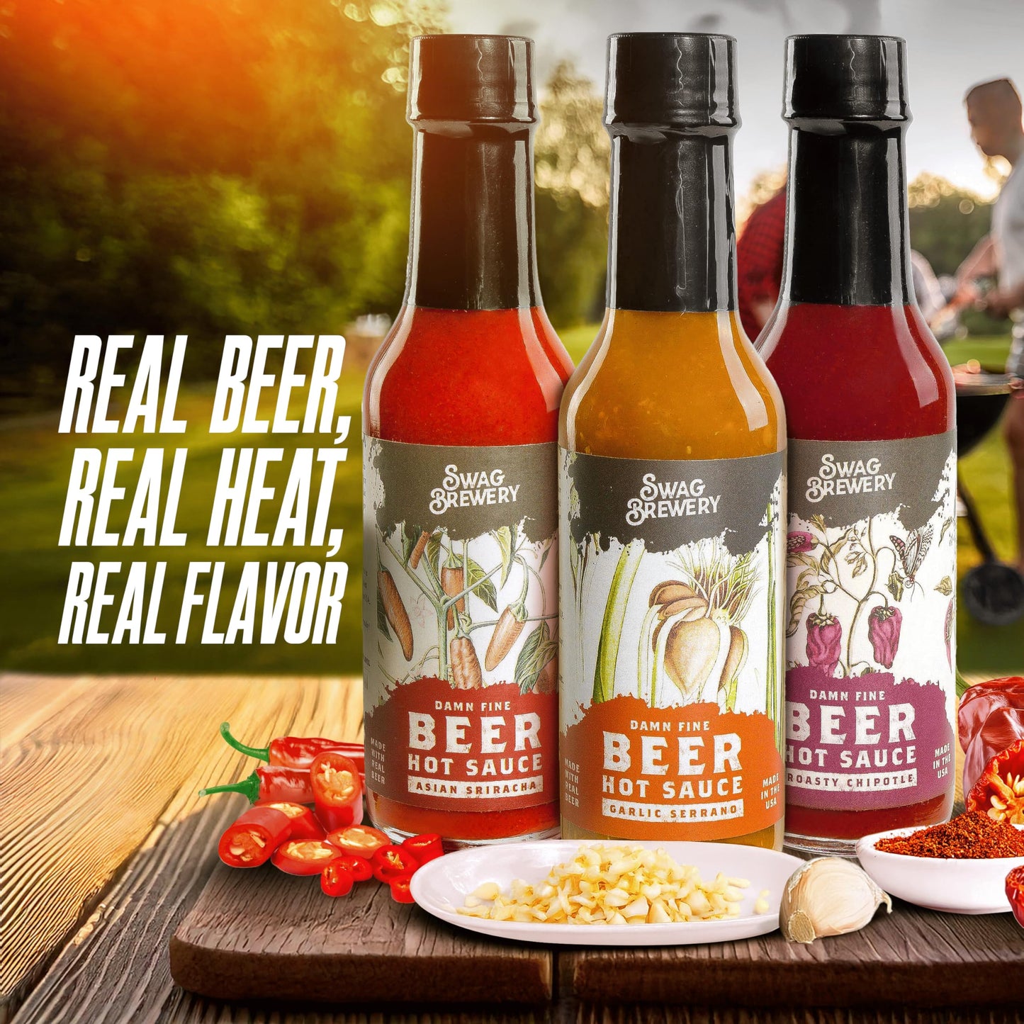 Swag Brewery malt-inspired-infused Hot Sauce Variety 3-pack - Asian Sriracha, Garlic Serrano, Roasty Chipotle - 5 Fl Oz (Pack of 3)