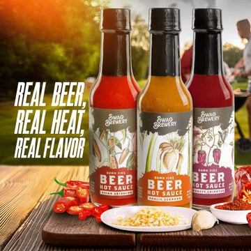 Swag Brewery malt-inspired-infused Hot Sauce Variety 3-pack - Asian Sriracha, Garlic Serrano, Roasty Chipotle - 5 Fl Oz (Pack of 3)