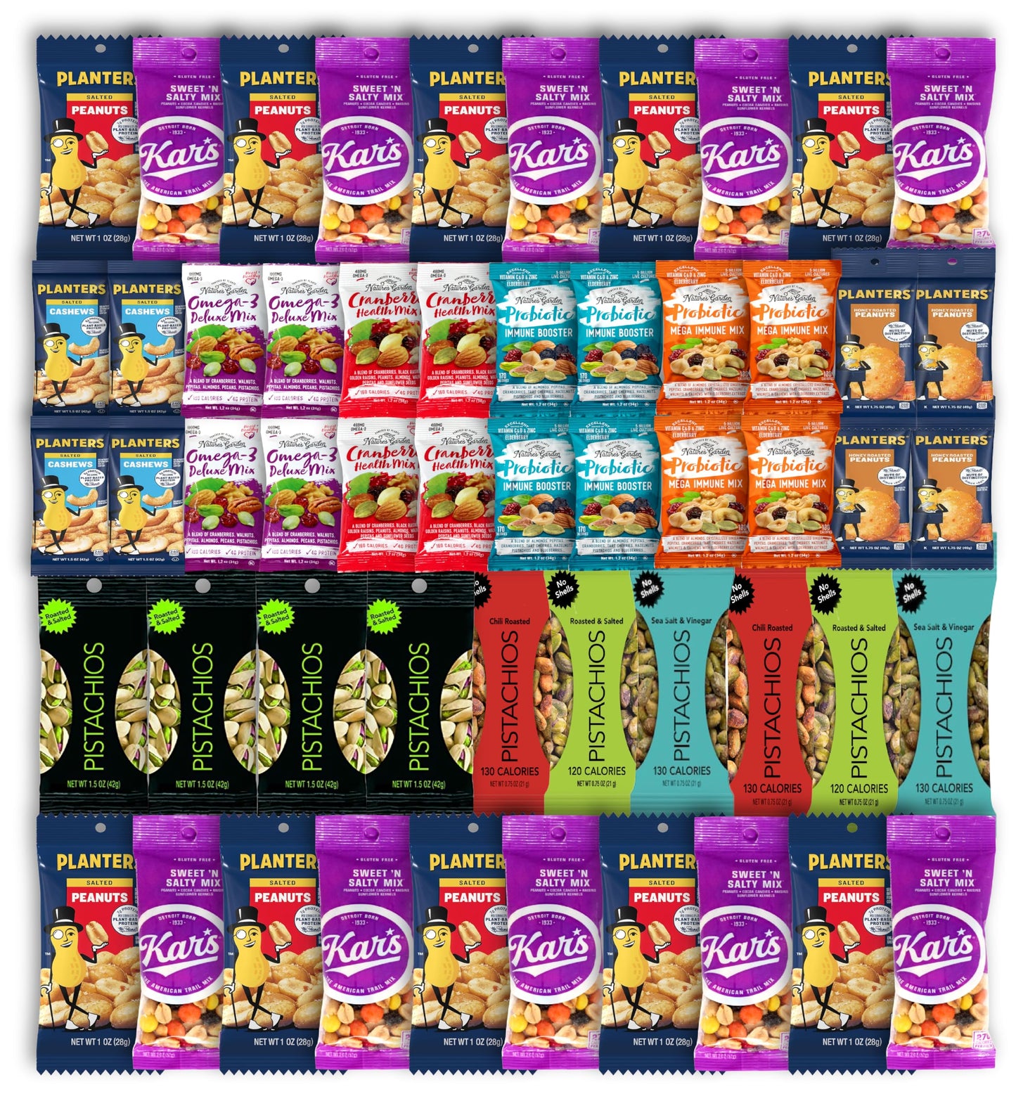 Niro Gift Basket | Nut And Trail Mix Assortment | 12 Different Flavors | 54 Packs Of Nuts And Trail Mixes