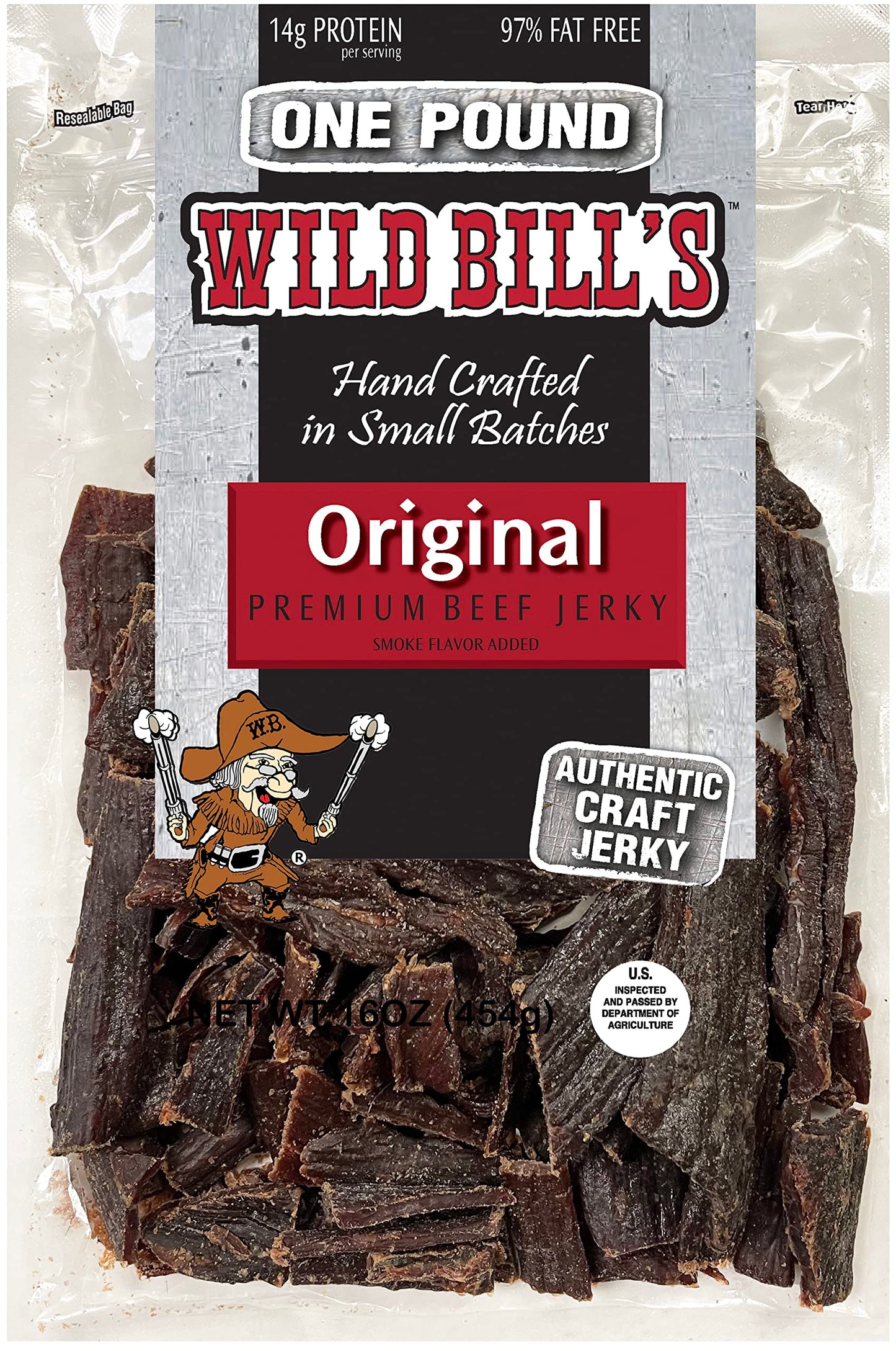 Wild Bills Hickory Smoked Beef Jerky Pieces, 16 Ounce Pack, High-Quality Snack