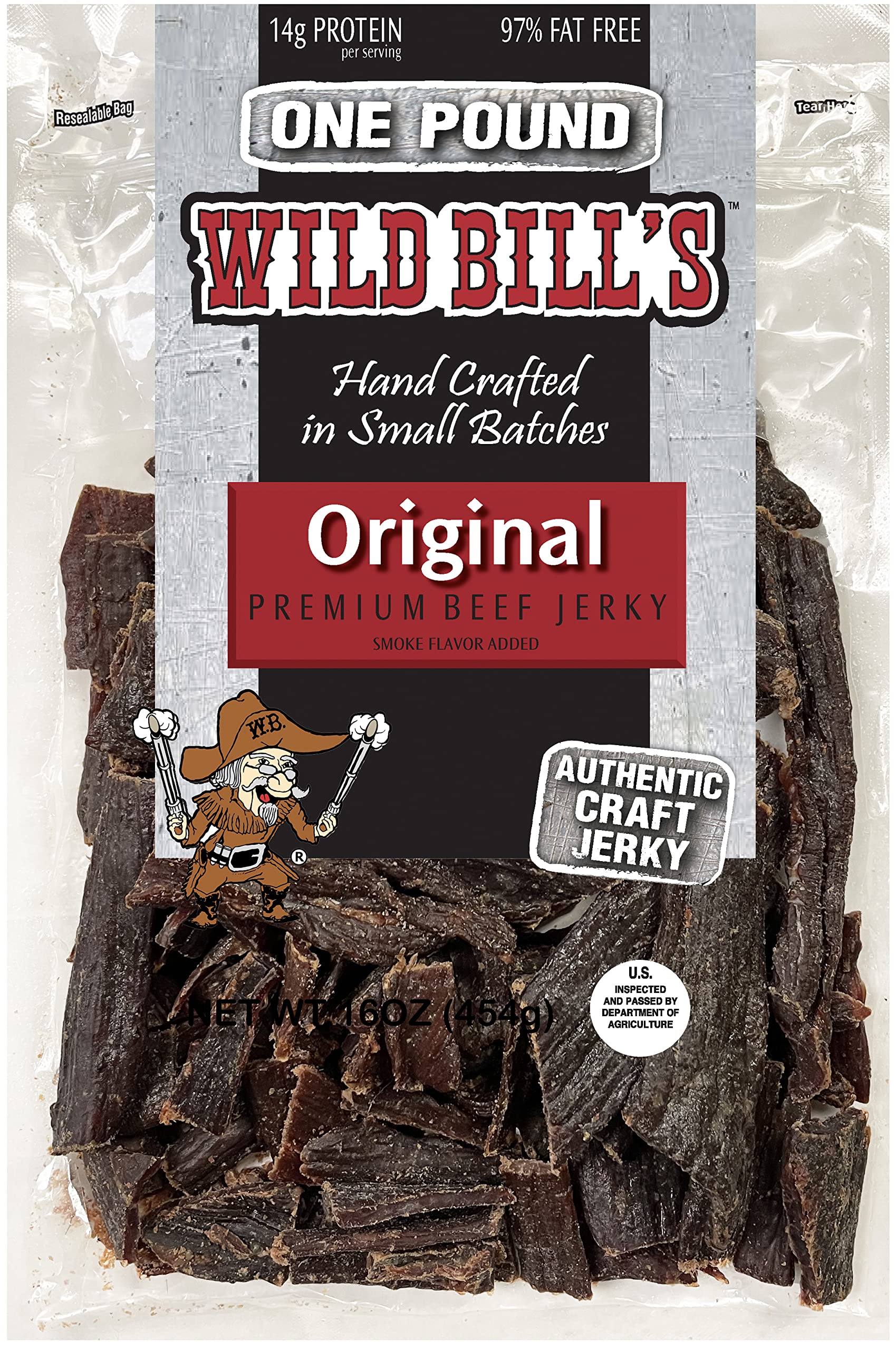Wild Bills Hickory Smoked Beef Jerky Pieces, 16 Ounce Pack, High-Quality Snack