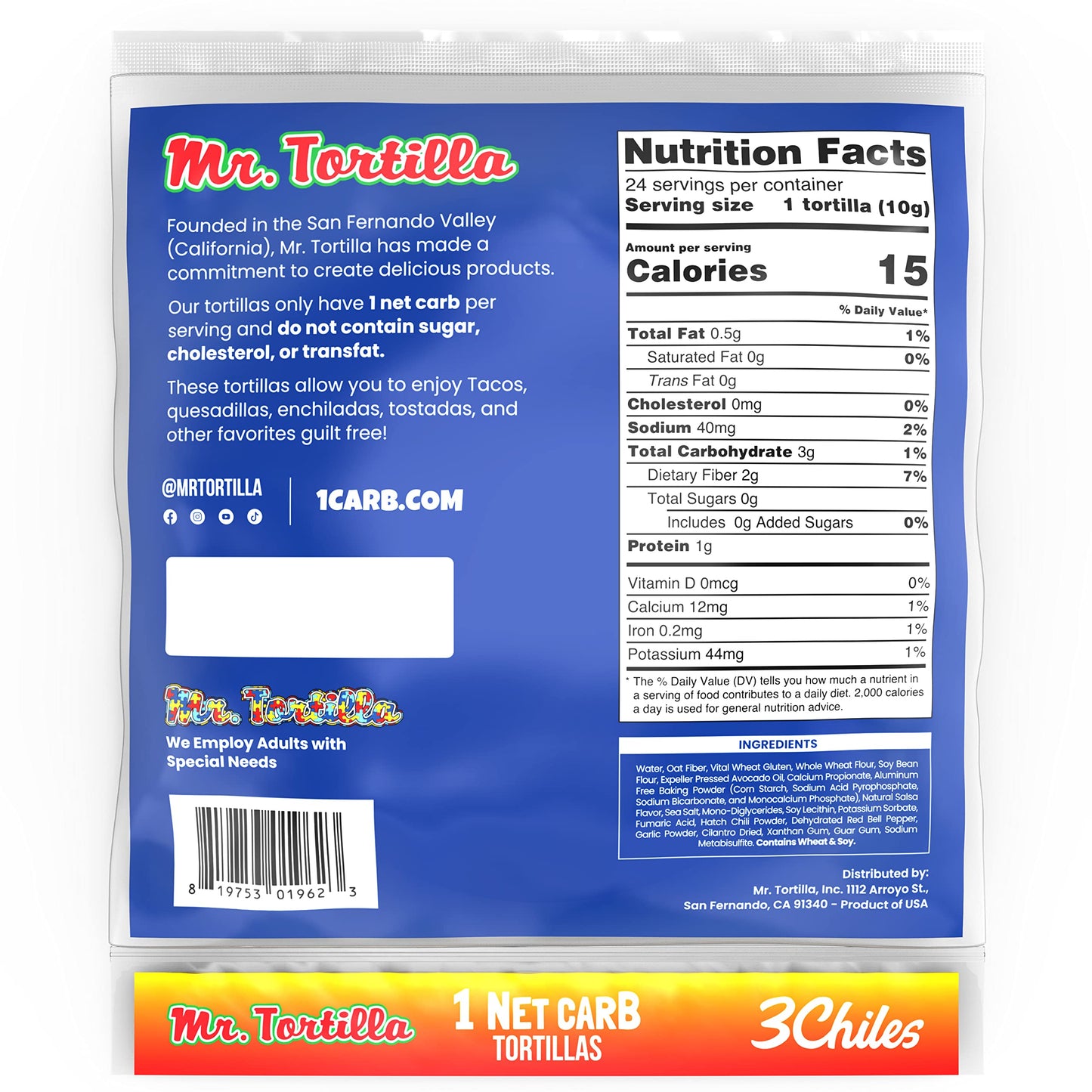 Mr. Tortilla Low Carb Tortilla Wraps - Keto Tortillas with Avocado Oil - Street Taco Size - 1 Net Carb per Serving - Low Calorie Keto Wraps - Low Carb Tortillas - (Spicy 3 Chiles  96 Count)