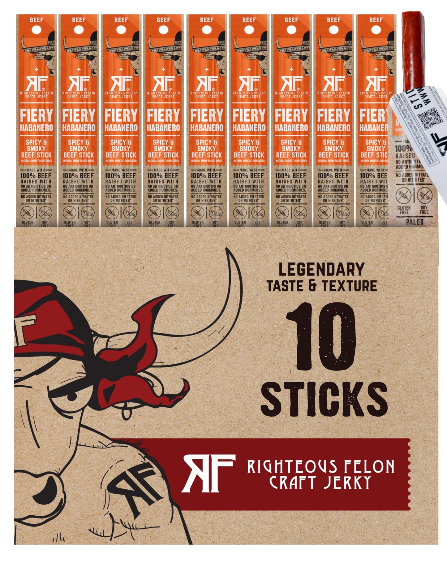 Righteous Felon Beef Sticks | Gluten Free, Low Sugar, High Protein | Fiery Habanero | 10 Ounce Pack