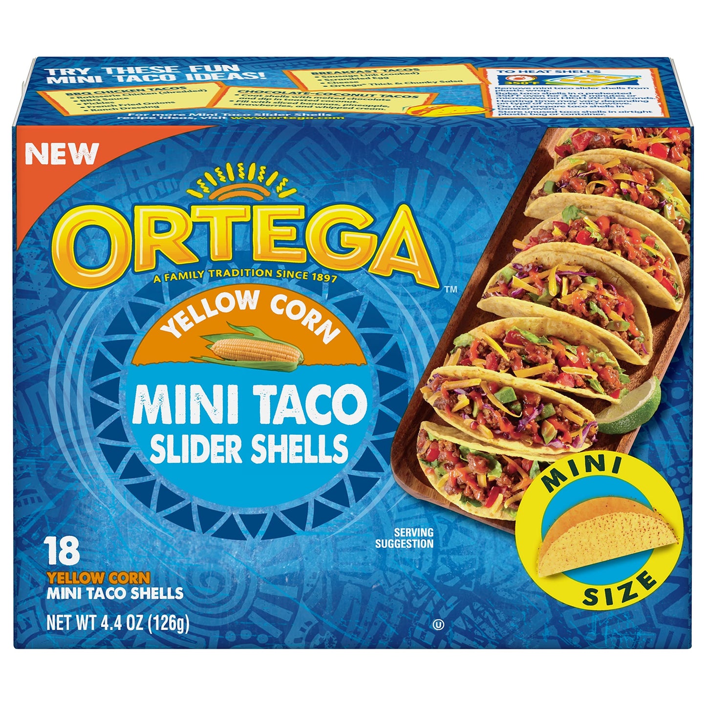 Ortega Mini Taco Slider Shells, Yellow Corn, 18 Shells (Pack of 6)