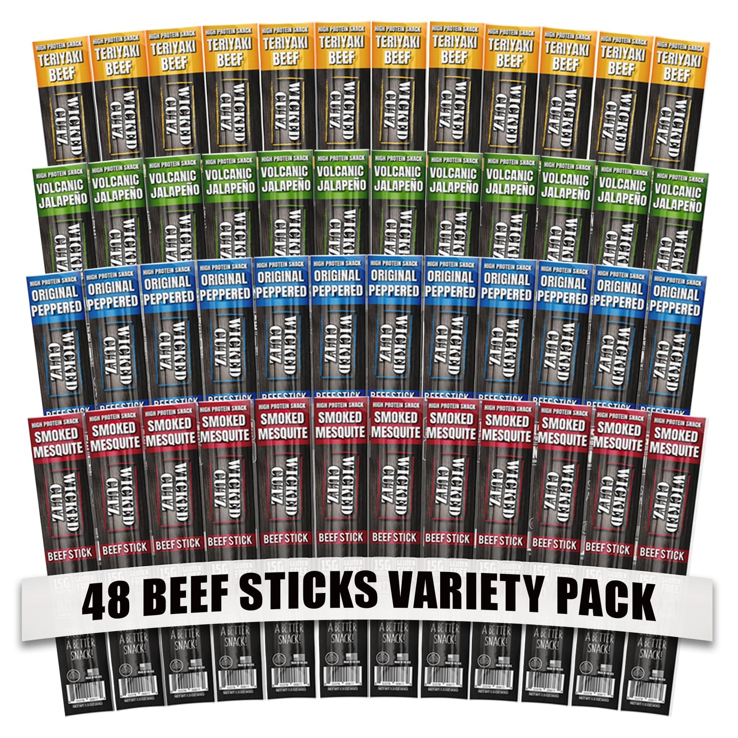 Wicked Cutz Beef Sticks Variety Pack, 15g Protein, 4 Flavors, 1.5 oz each, 48 Pack, USA Made High Protein Snacks